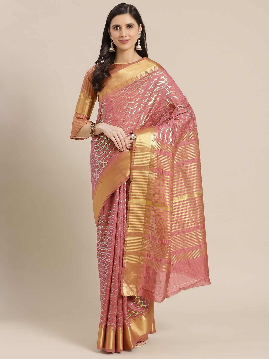

Mitera Pink & Golden Embellished Sequinned Heavy Work Saree