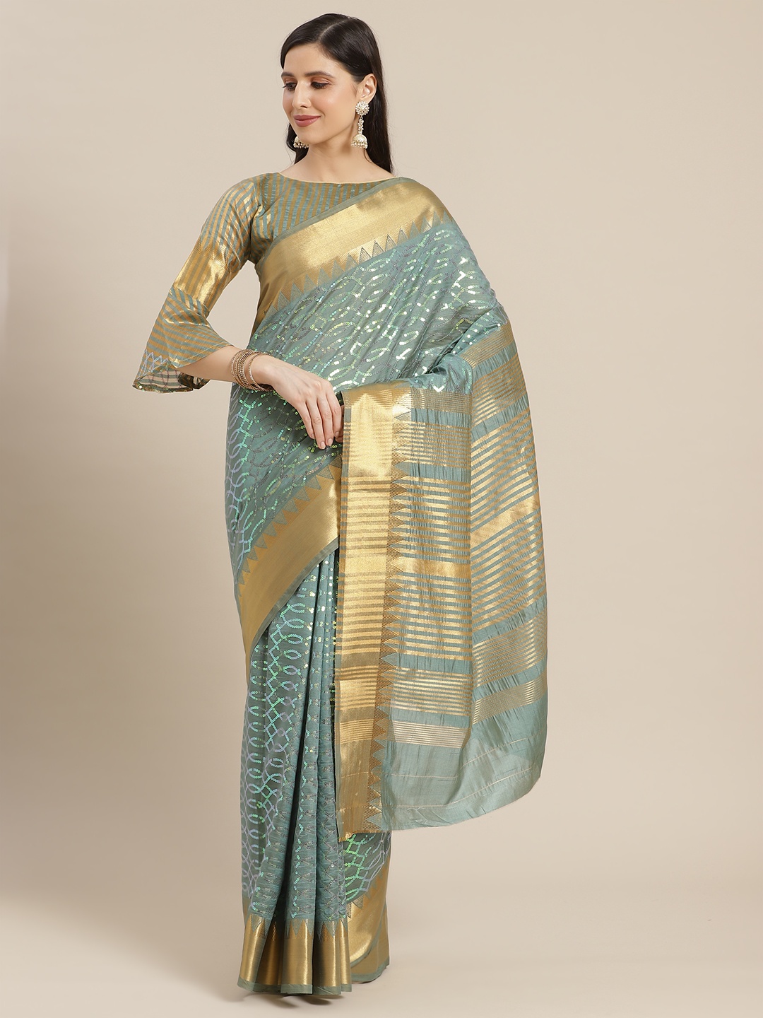 

Mitera Blue & Golden Embellished Sequinned Heavy Work Saree