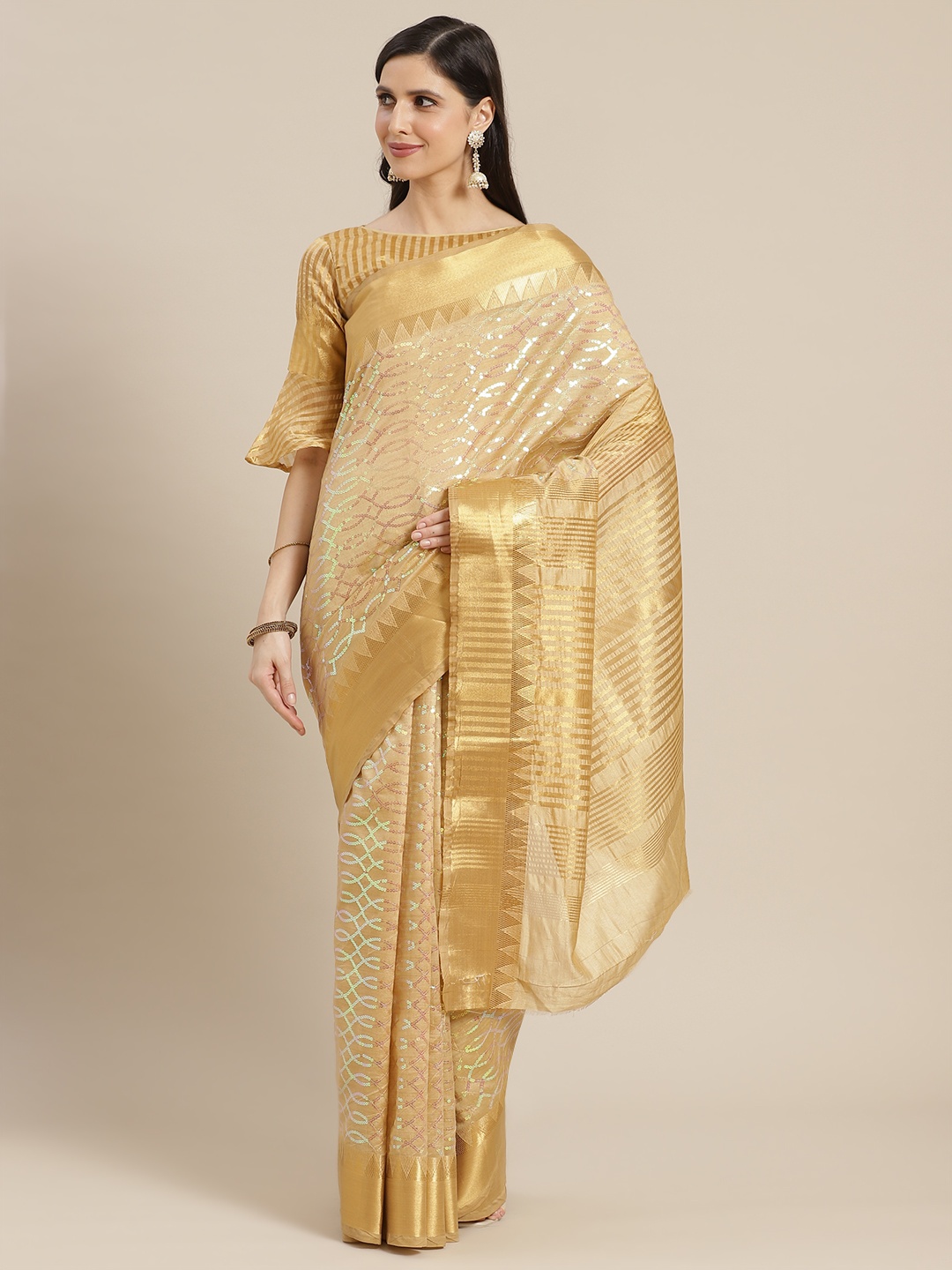 

Mitera Cream & Golden Embellished Sequinned Heavy Work Saree