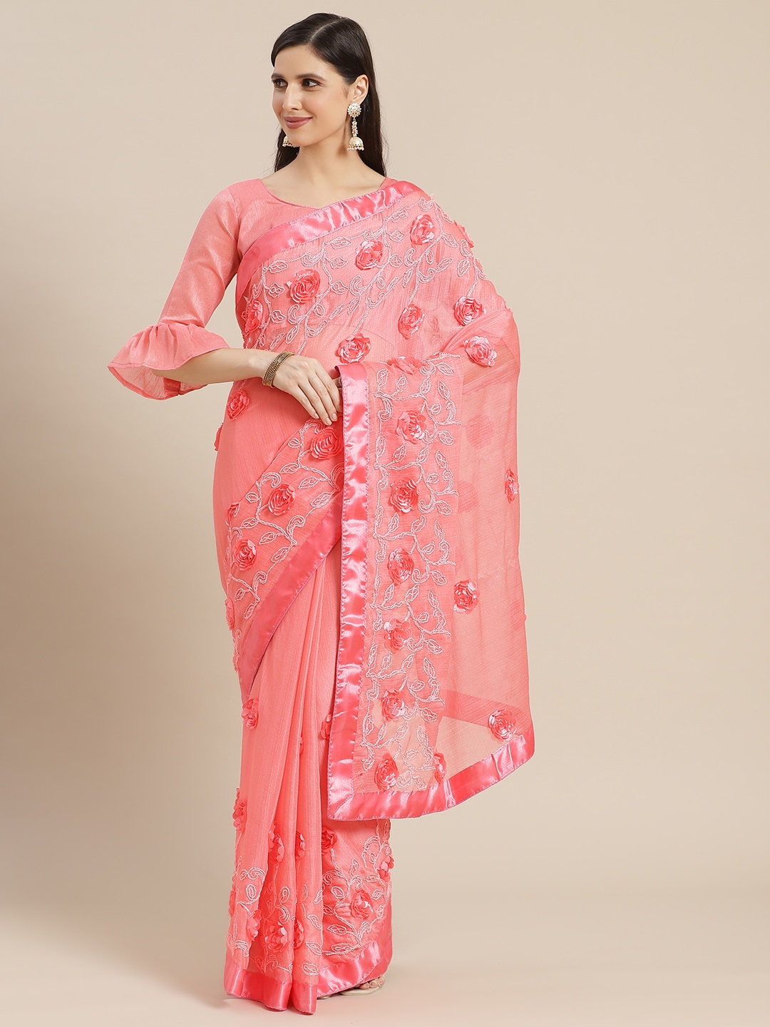 

Mitera Pink Floral Embroidered Pure Chiffon Saree