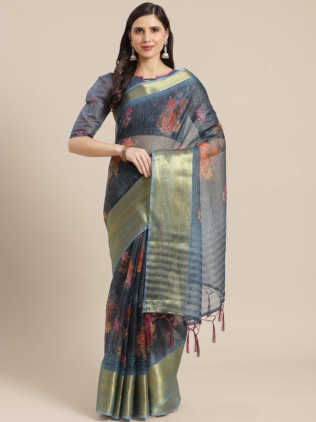 

Mitera Blue & Golden Floral Printed Zari Organza Saree