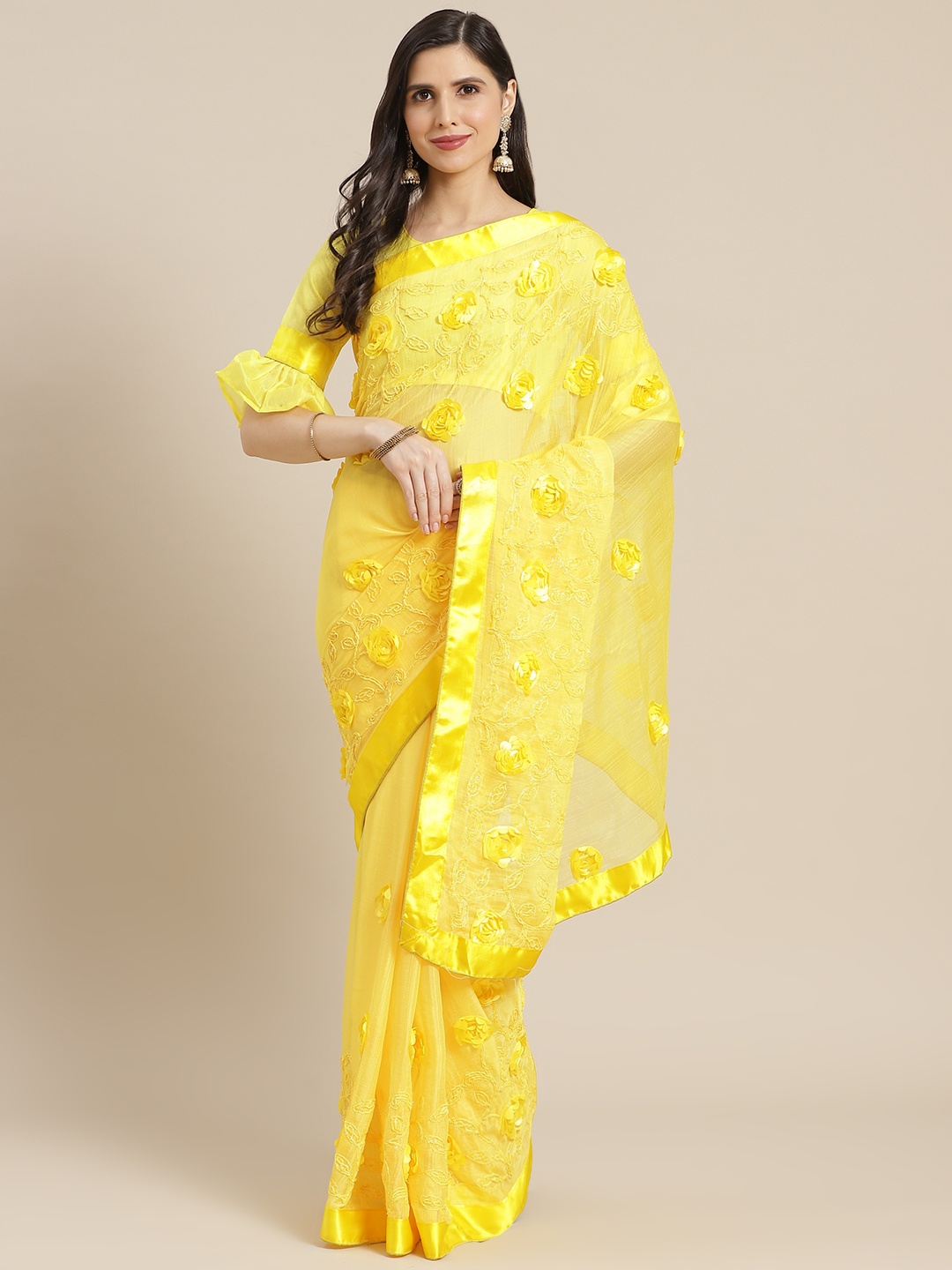 

Mitera Yellow Floral Embroidered Zari Saree