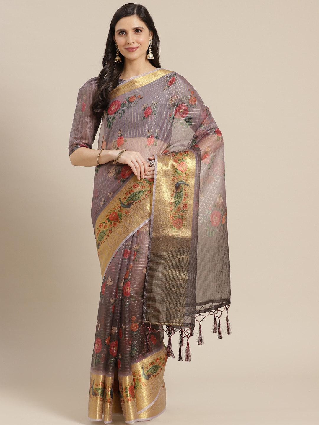 

Mitera Grey & Golden Checked Zari Organza Saree