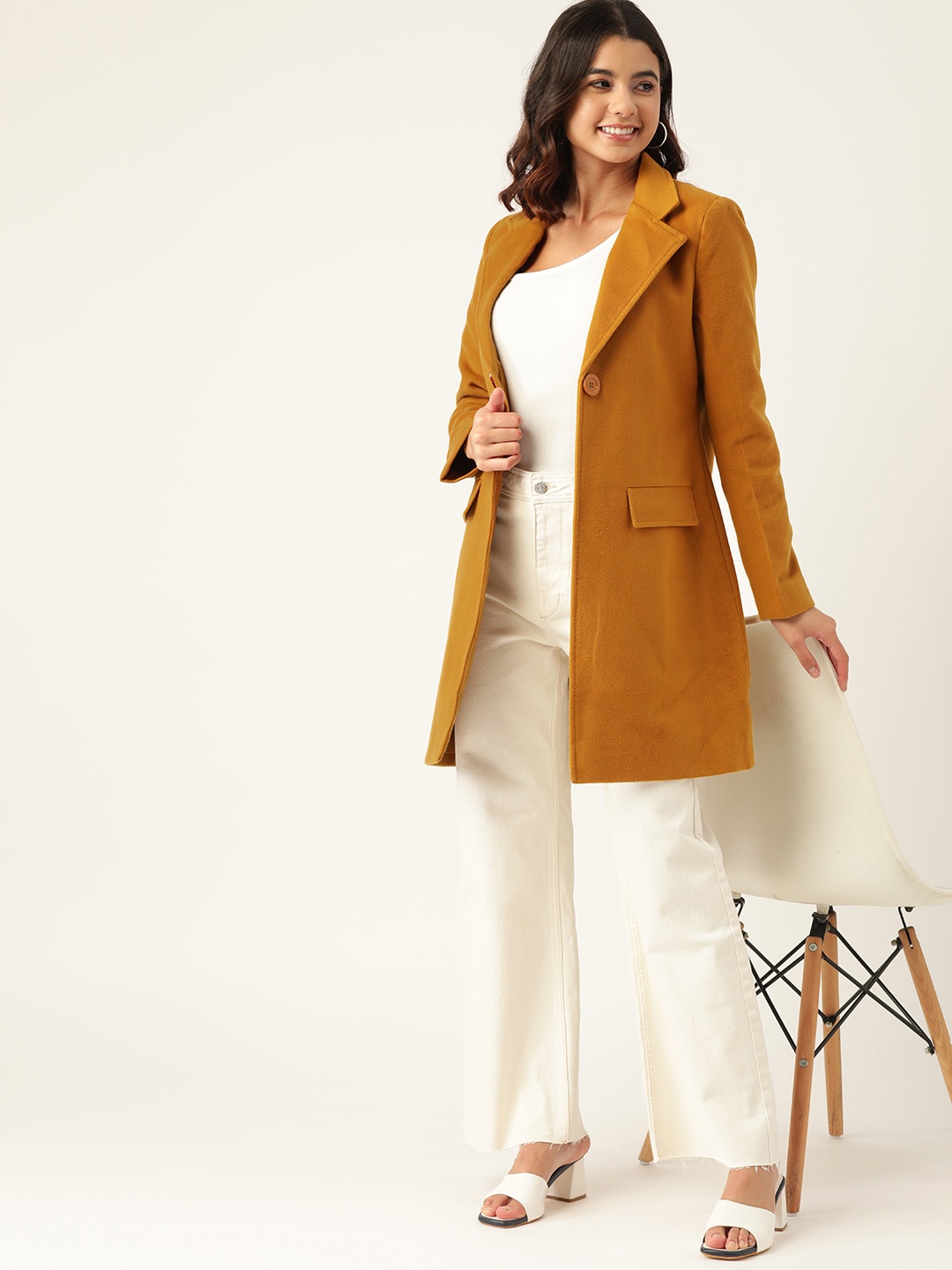 

DressBerry Women Mustard Yellow Solid Longline Overcoat