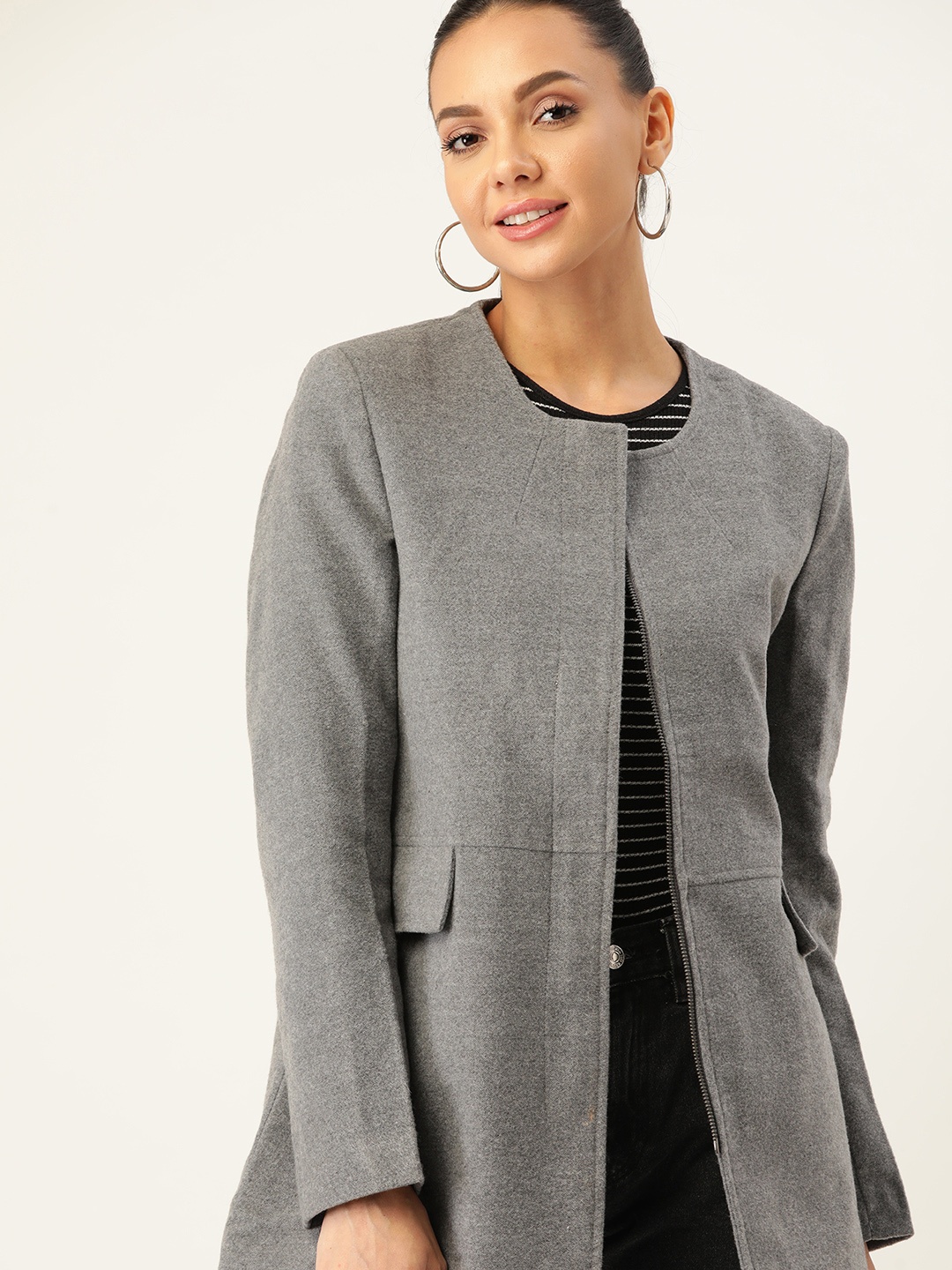 

DressBerry Women Grey Solid Solid Longline Coat