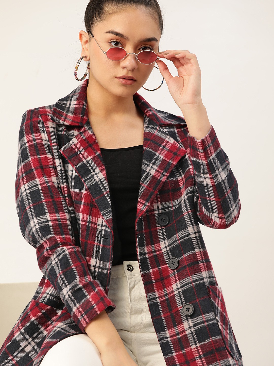 

DressBerry Women Maroon & Navy Blue Checked Trench Coat