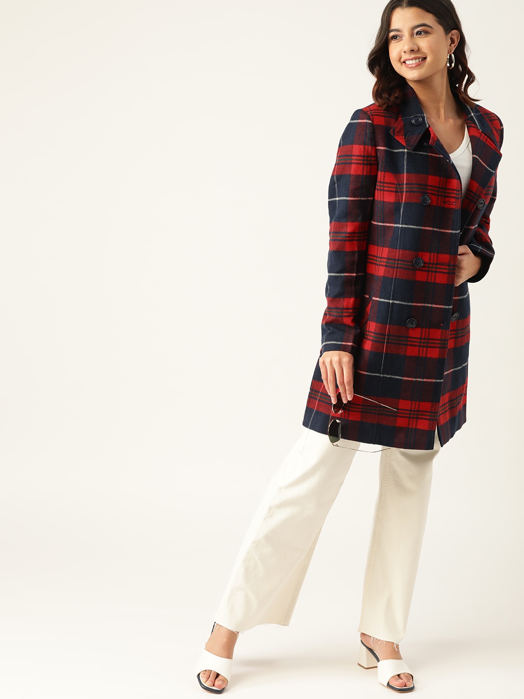 

DressBerry Women Red and Navy Blue Checked OverCoat