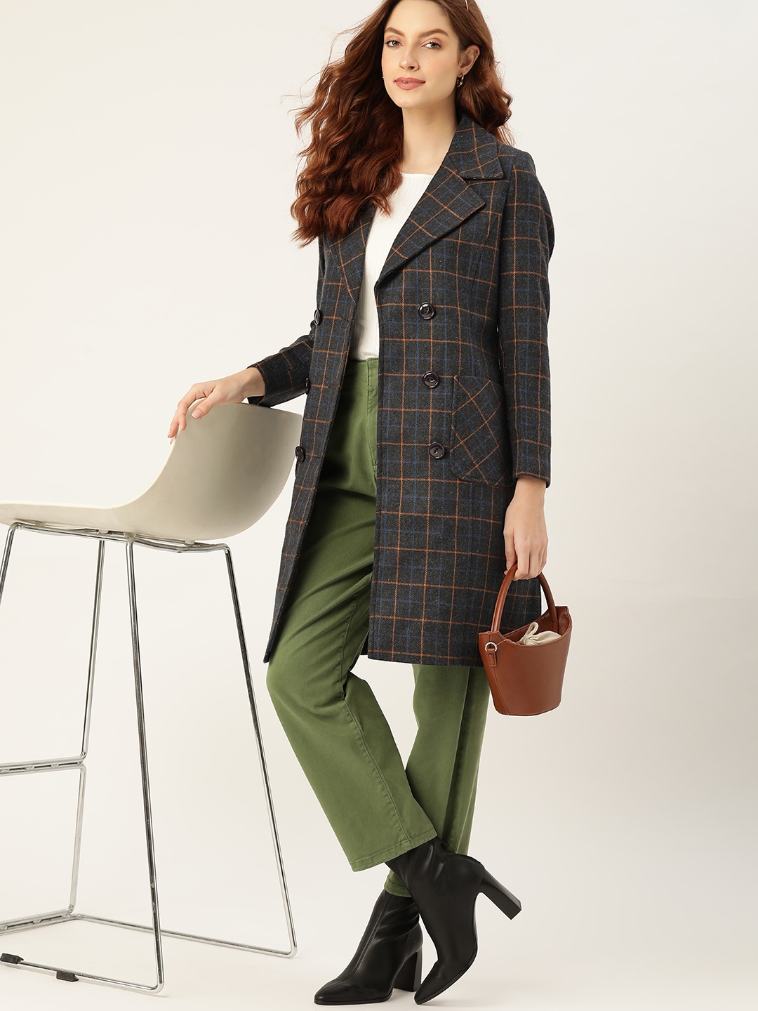

DressBerry Women Charcoal Grey & Mustard Yellow Checked Trench Coat