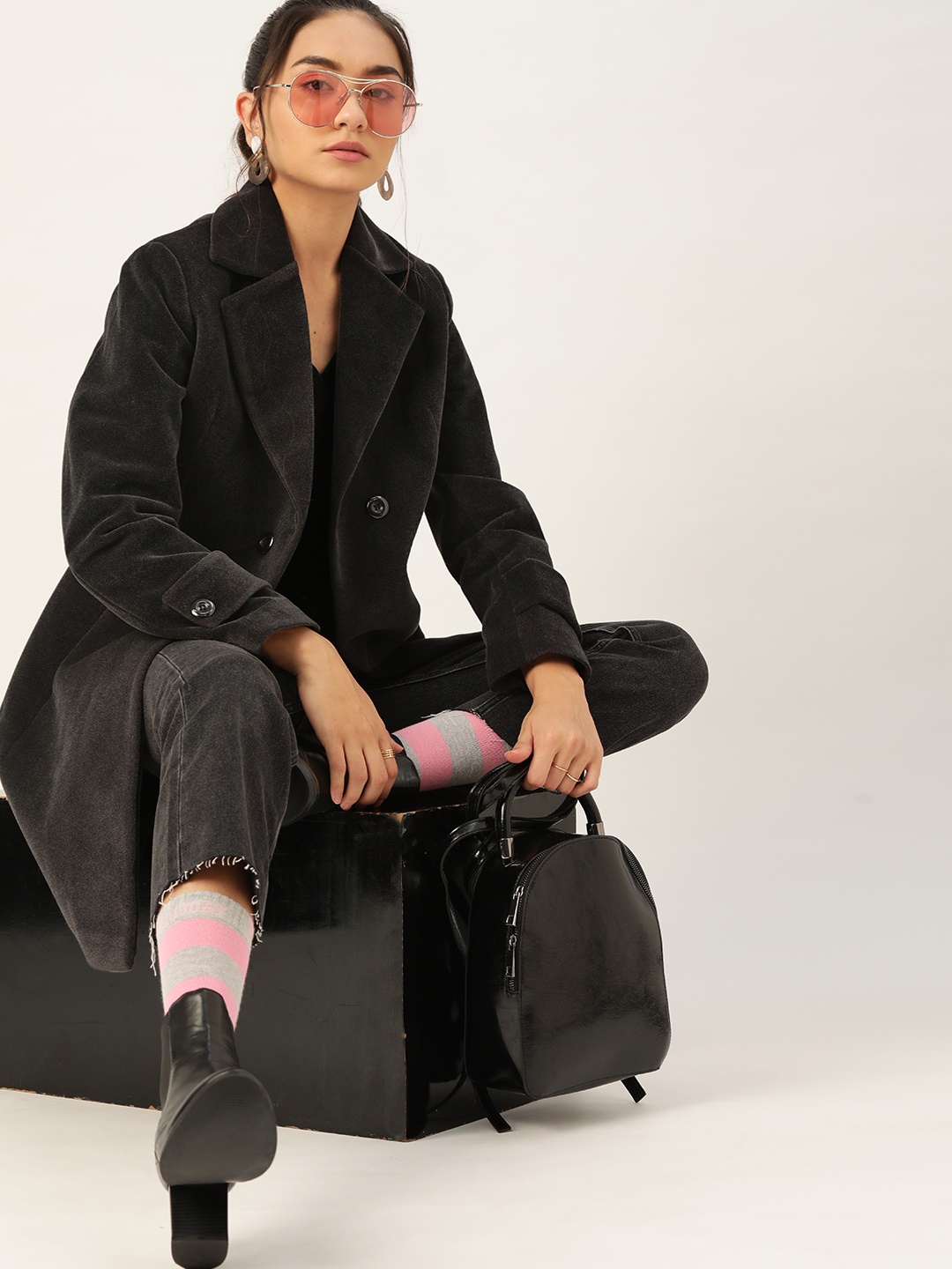 

DressBerry Women Black Solid Suede Finish Longline Over Coat