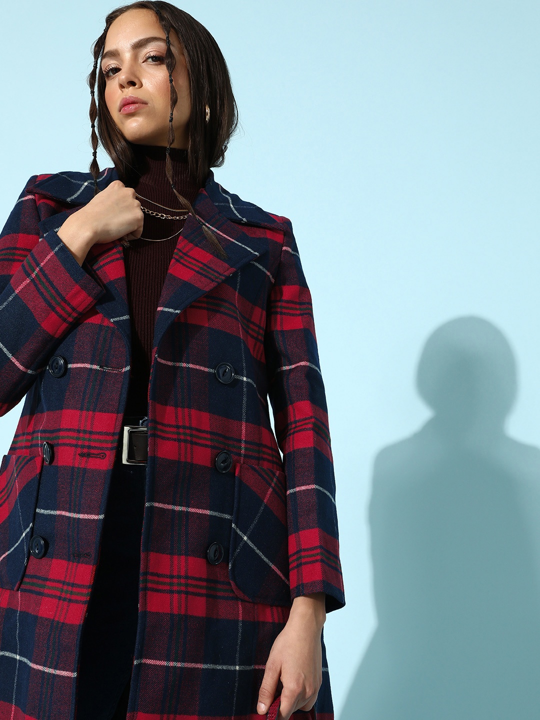 

DressBerry Women Red & Navy Blue Checked Trench Coat