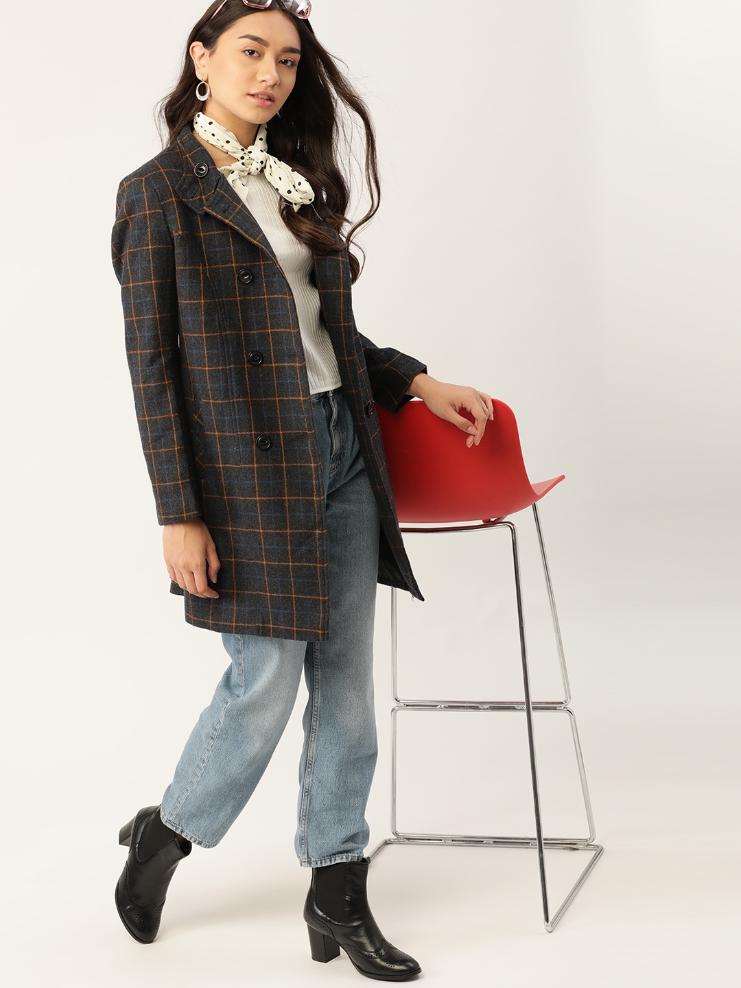 

DressBerry Women Charcoal Grey & Mustard Yellow Checked Longline Over Coat