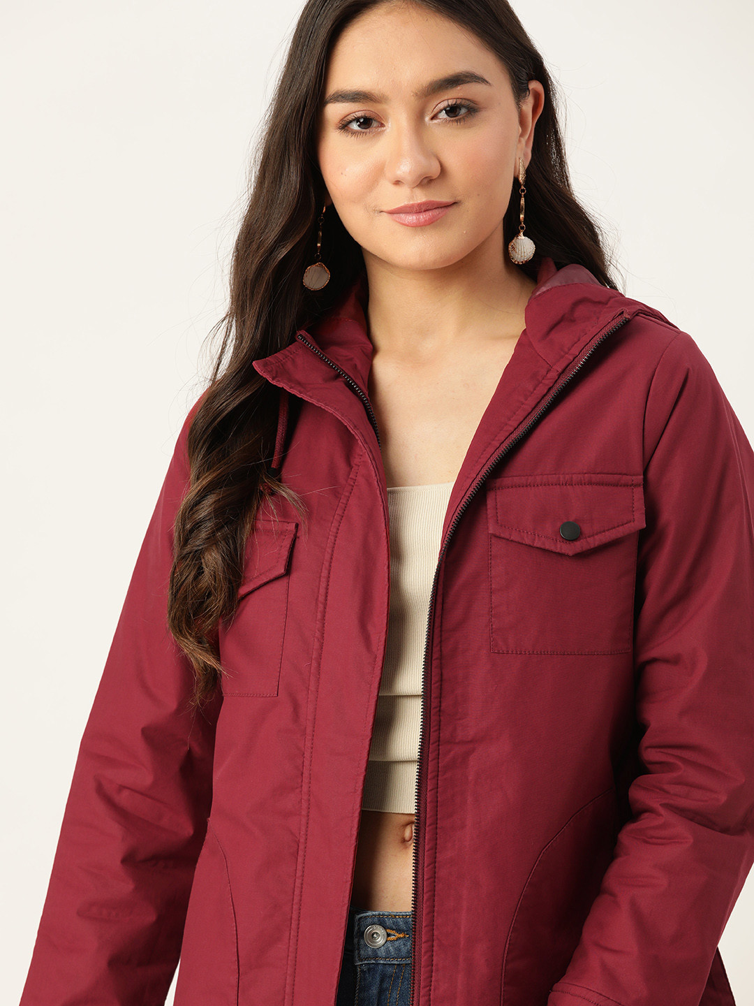 

DressBerry Women Maroon Solid Hooded Tailored Jacket