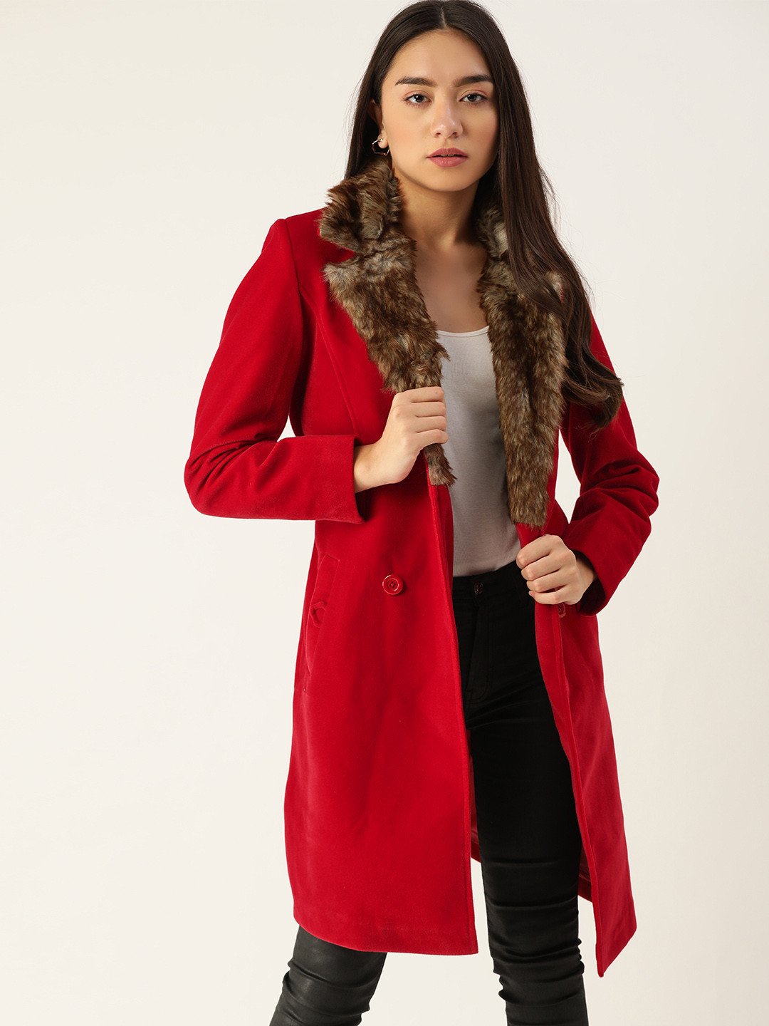 

DressBerry Women Red Velvet Finish Solid Longline Over Coat