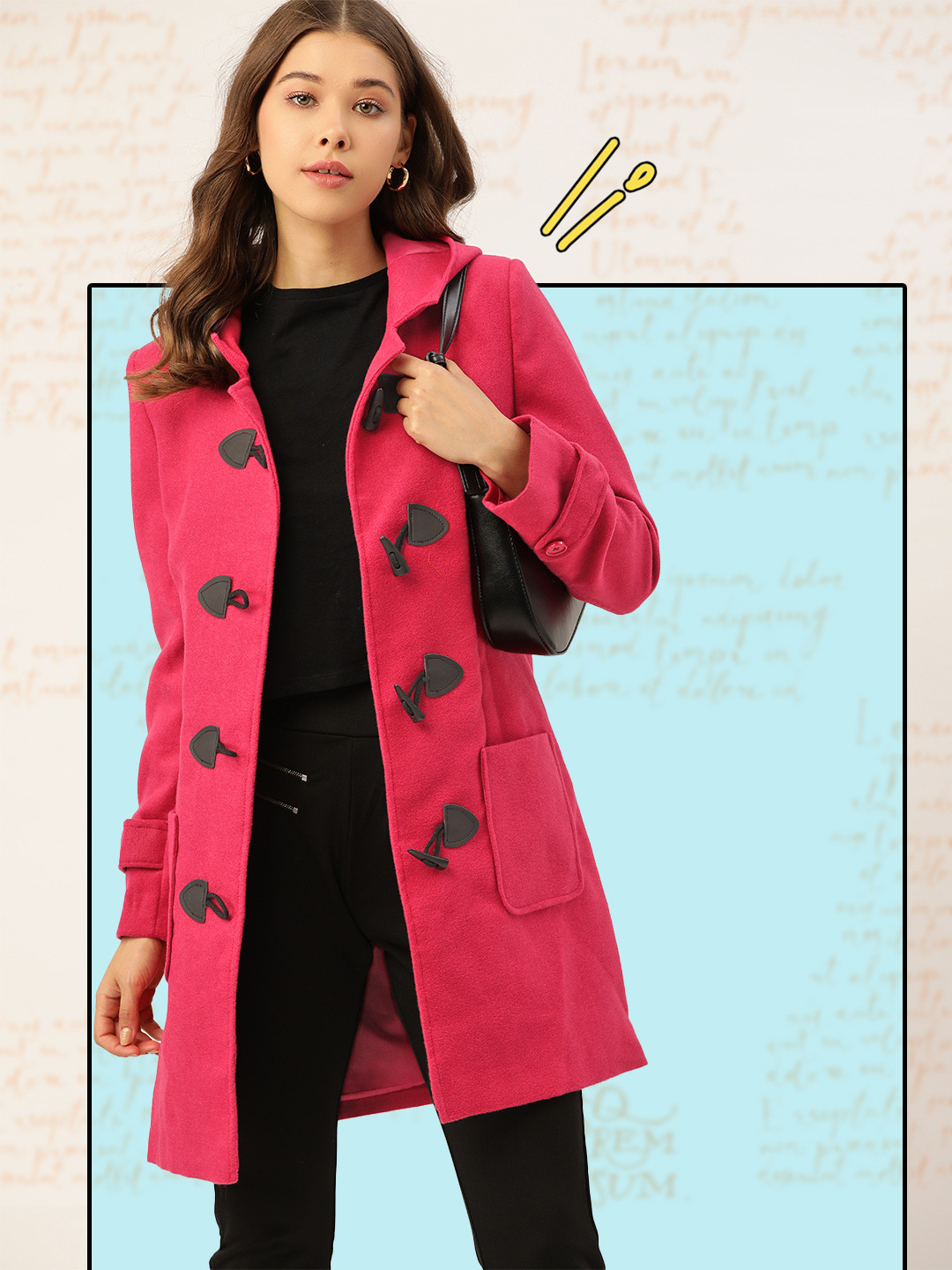 

DressBerry Women Pink Solid Hooded Duffle Coat