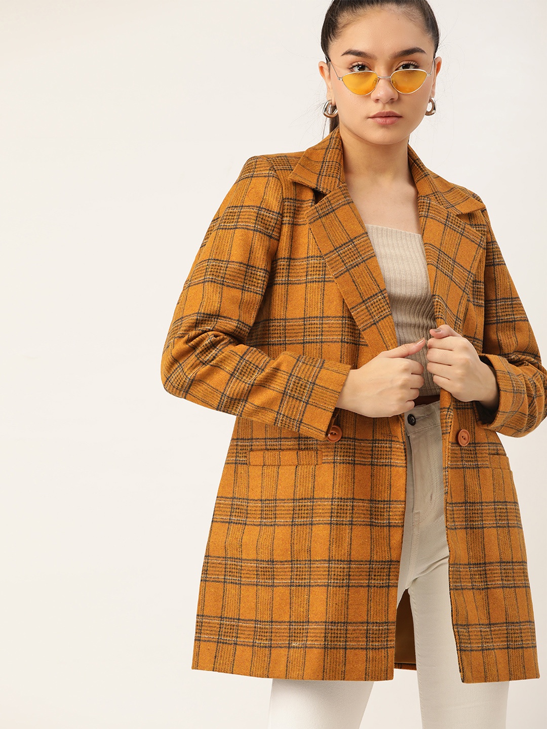 

DressBerry Women Brown & Navy Blue Checked Overcoat