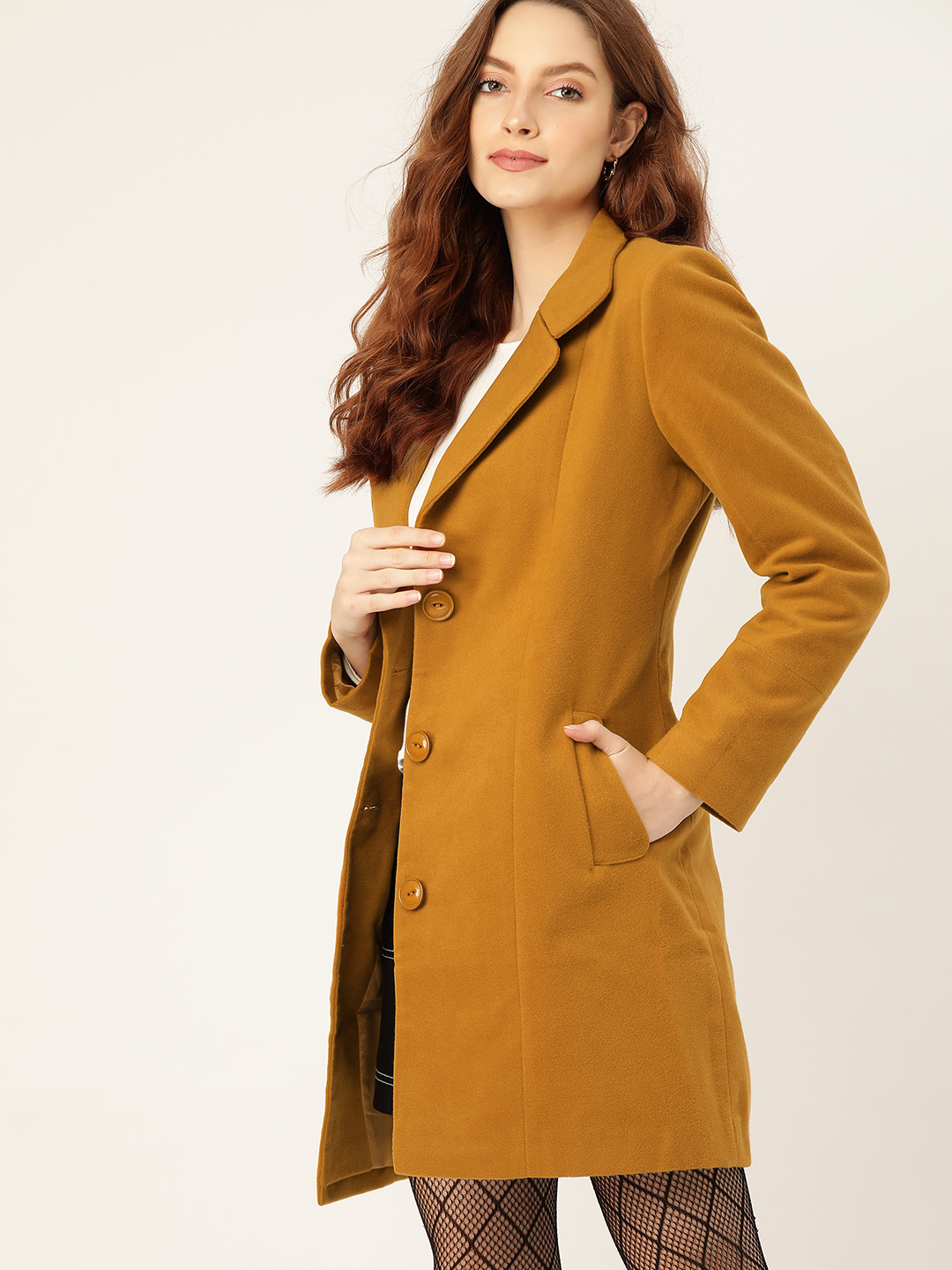 

DressBerry Women Mustard Yellow Solid Longline Overcoat
