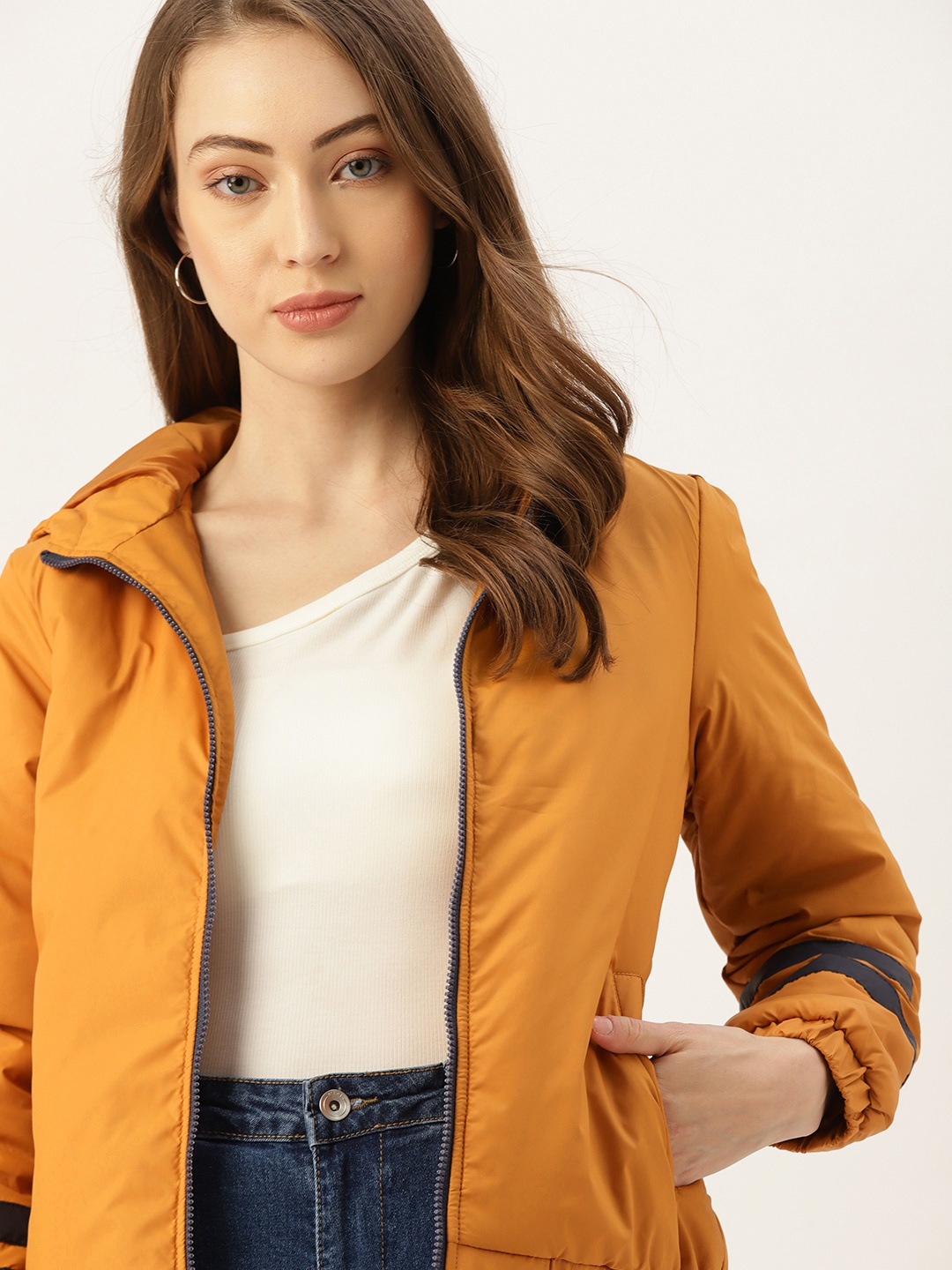 

DressBerry Women Mustard Brown Solid Hooded Padded Jacket