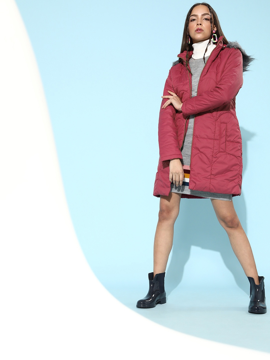 

DressBerry Women Pink Solid Detachable Hooded Longline Parka Jacket