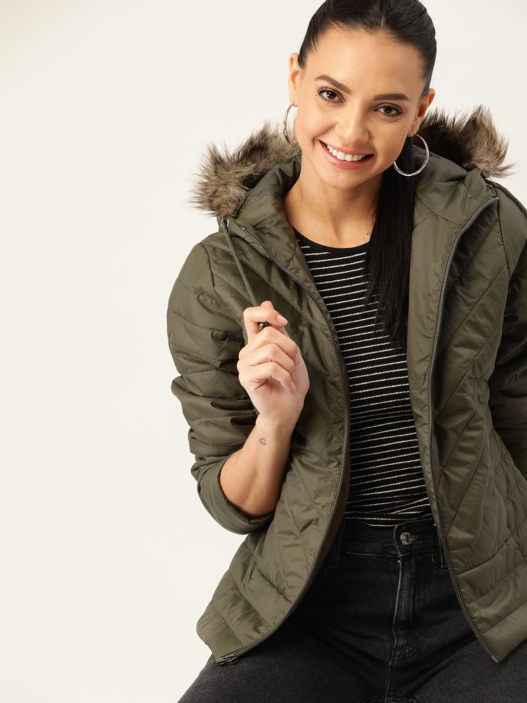 

DressBerry Women Olive Green Solid Hooded Faux Fur Padded Jacket