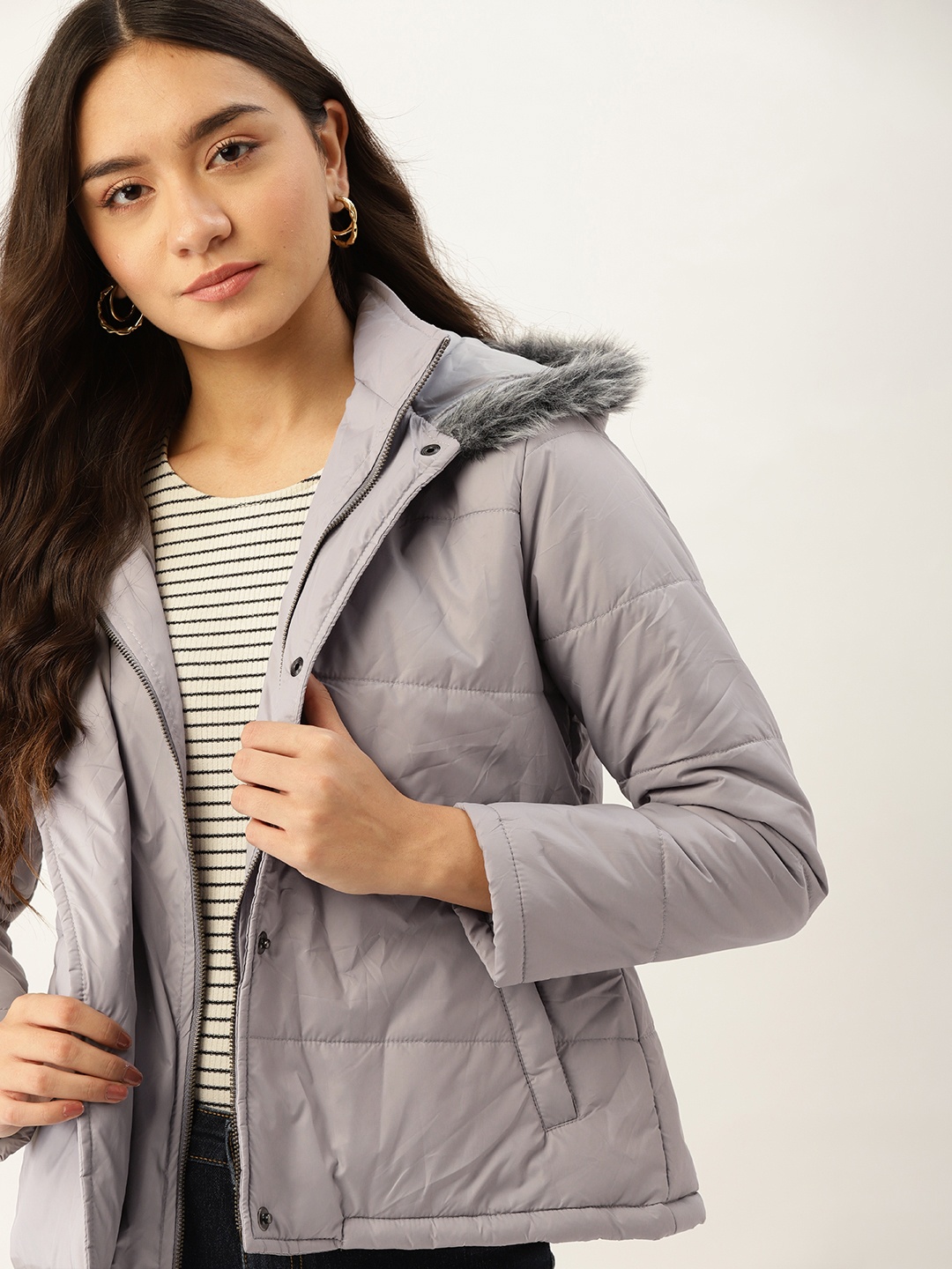 

DressBerry Women Grey Hooded Parka Jacket