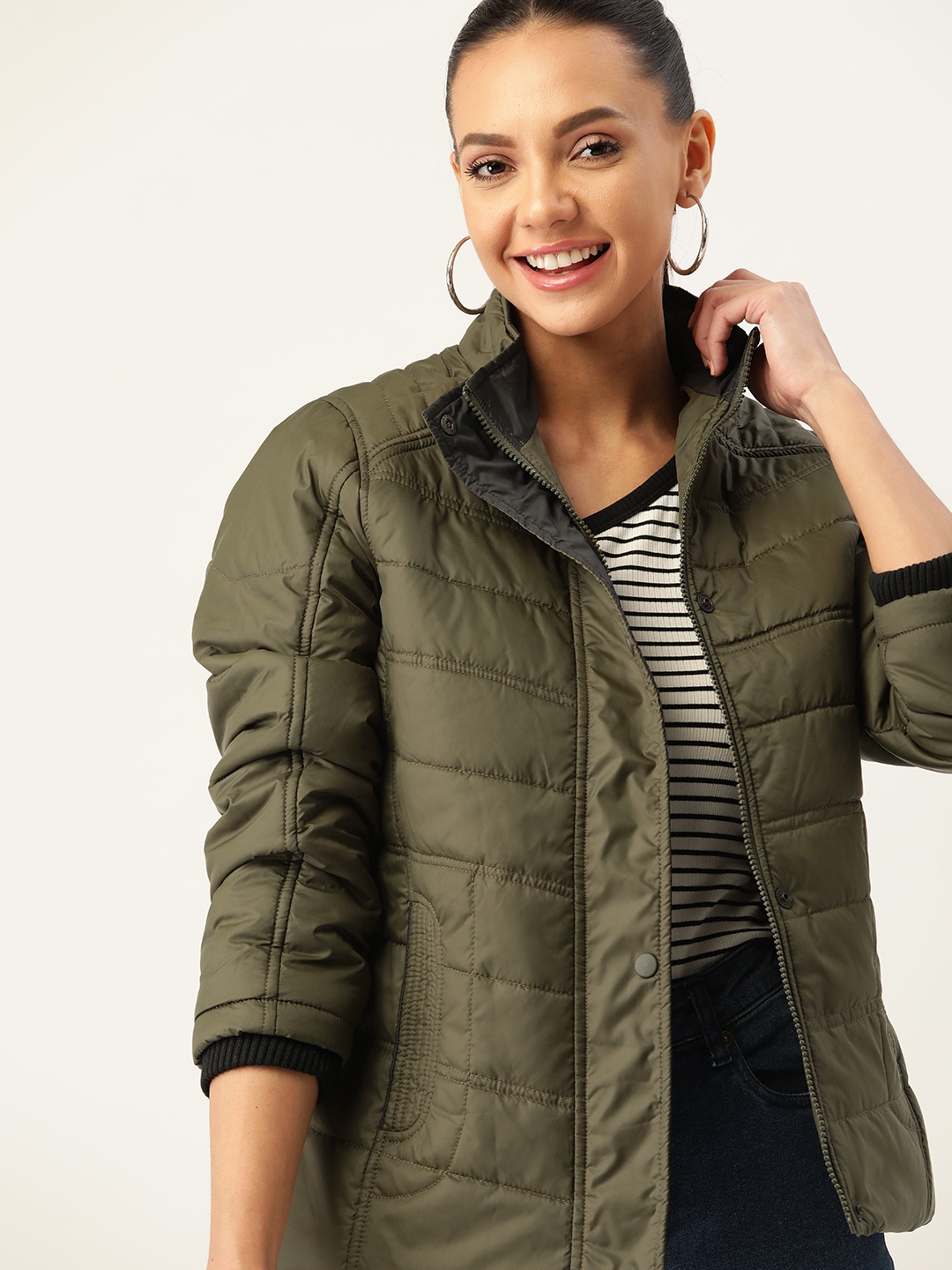 

DressBerry Women Olive Green Solid Padded Jacket