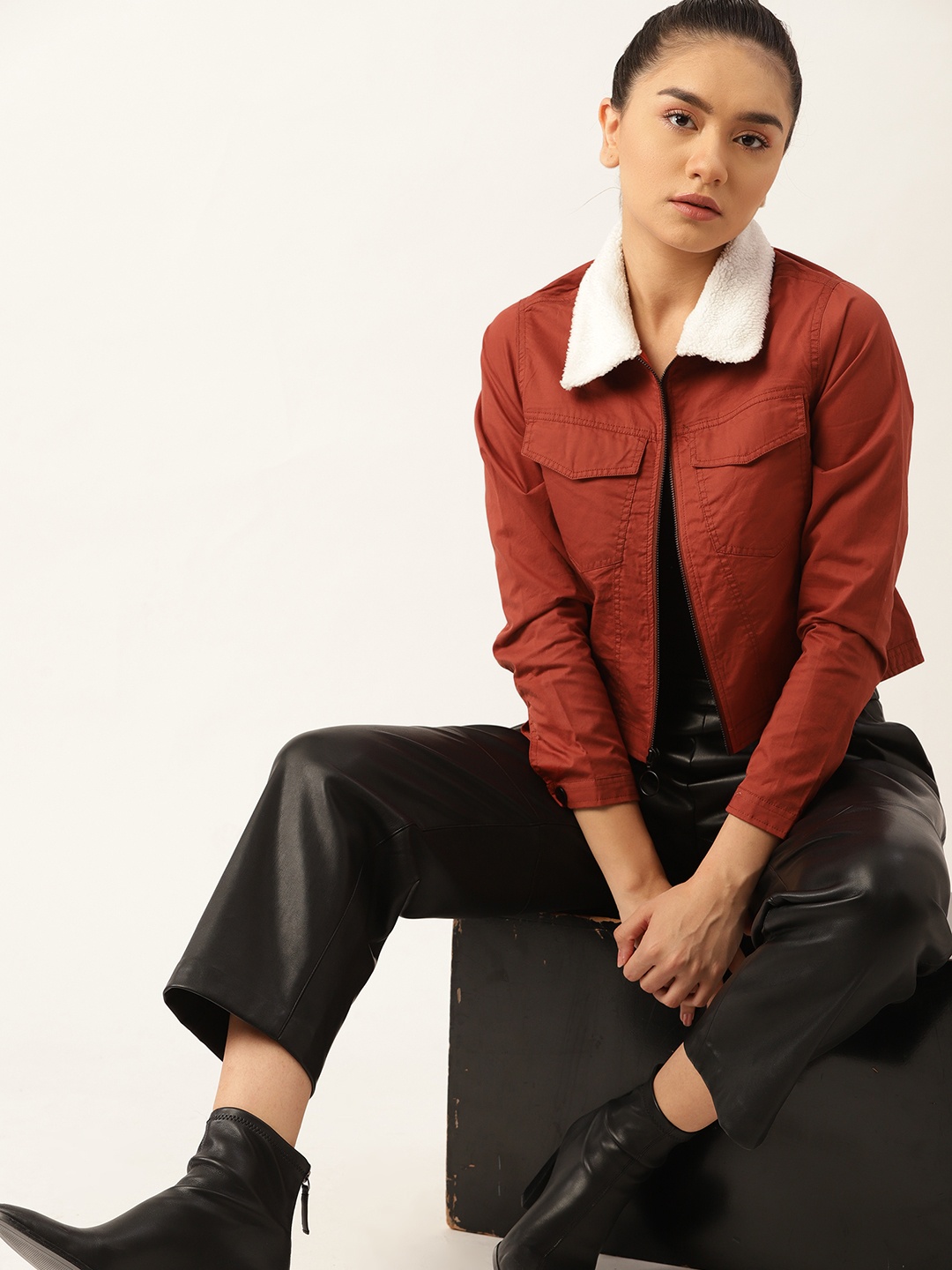 

DressBerry Women Rust-Coloured Faux Fur Trim Crop Tailored Jacket