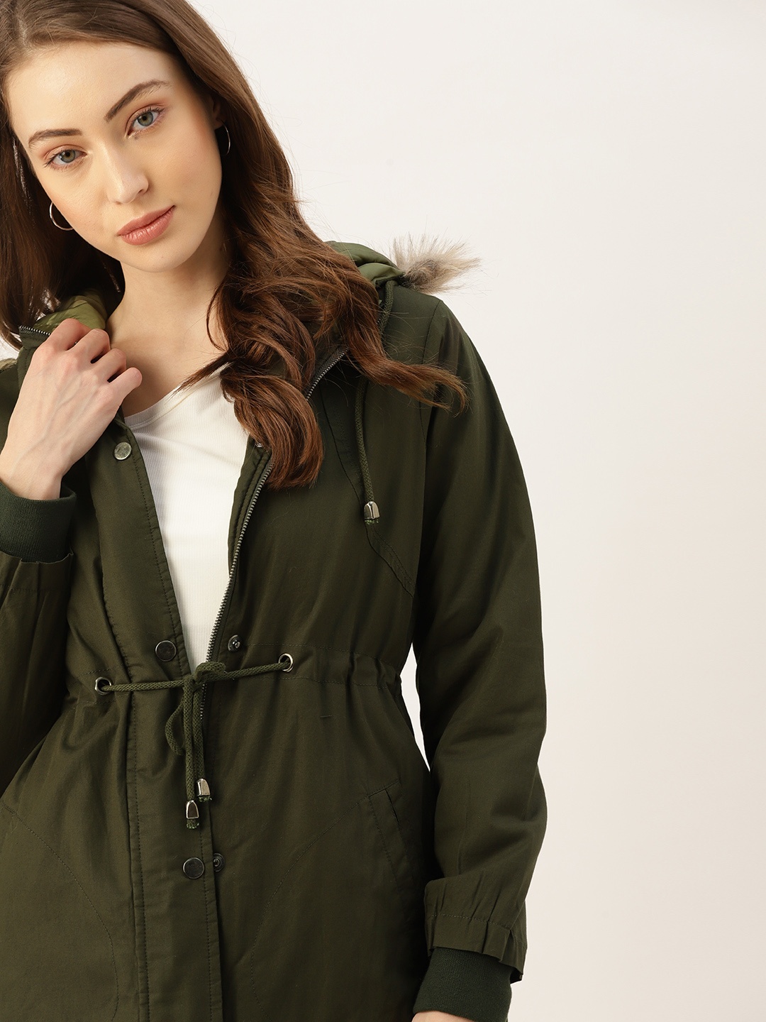 

DressBerry Women Olive Green Solid Hooded Tailored Jacket