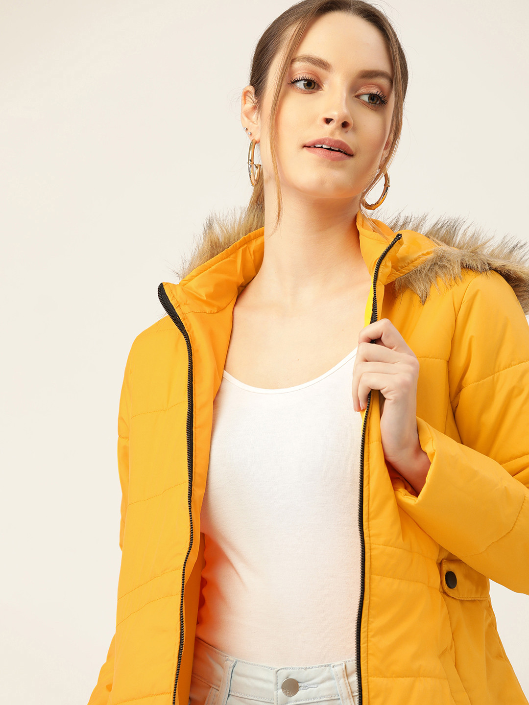 

DressBerry Women Yellow Solid Hooded Faux Fur Parka Jacket, Mustard