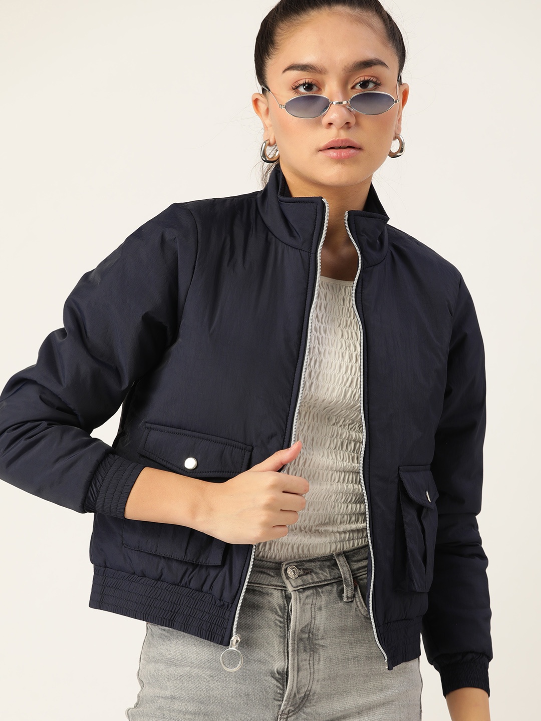 

DressBerry Women Navy Blue Bomber Jacket