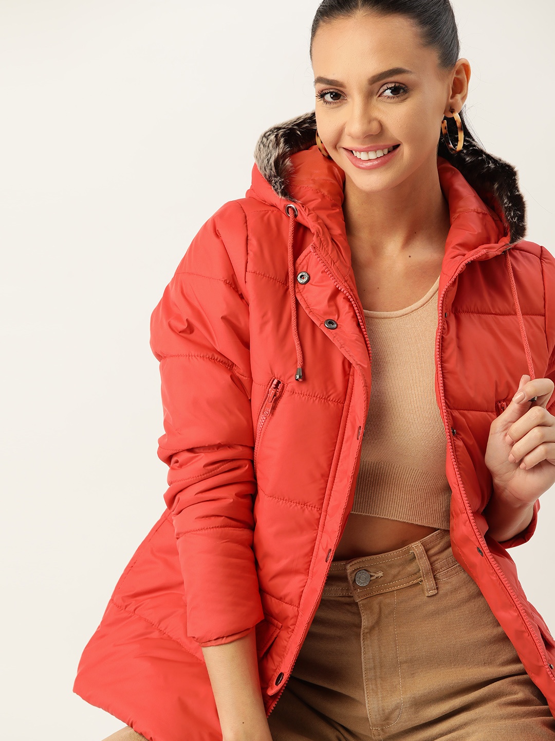 

DressBerry Women Coral Red Solid Hooded Parka Jacket