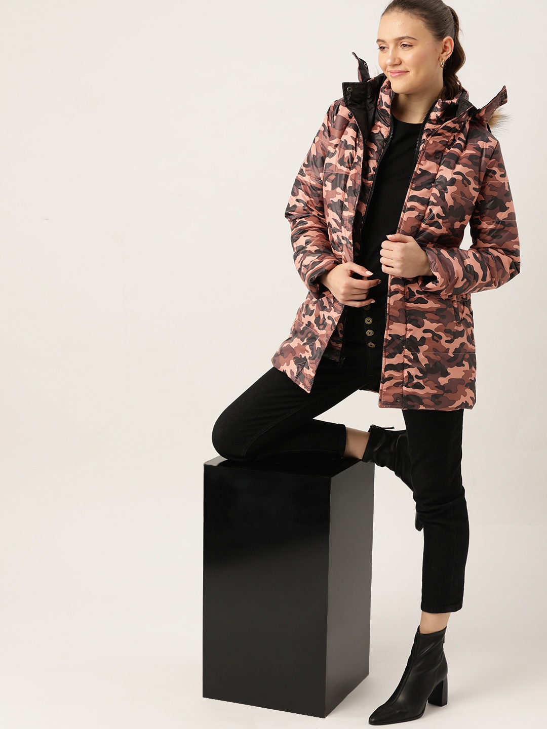 

DressBerry Women Pink & Black Camouflage Print Longline Parka Jacket