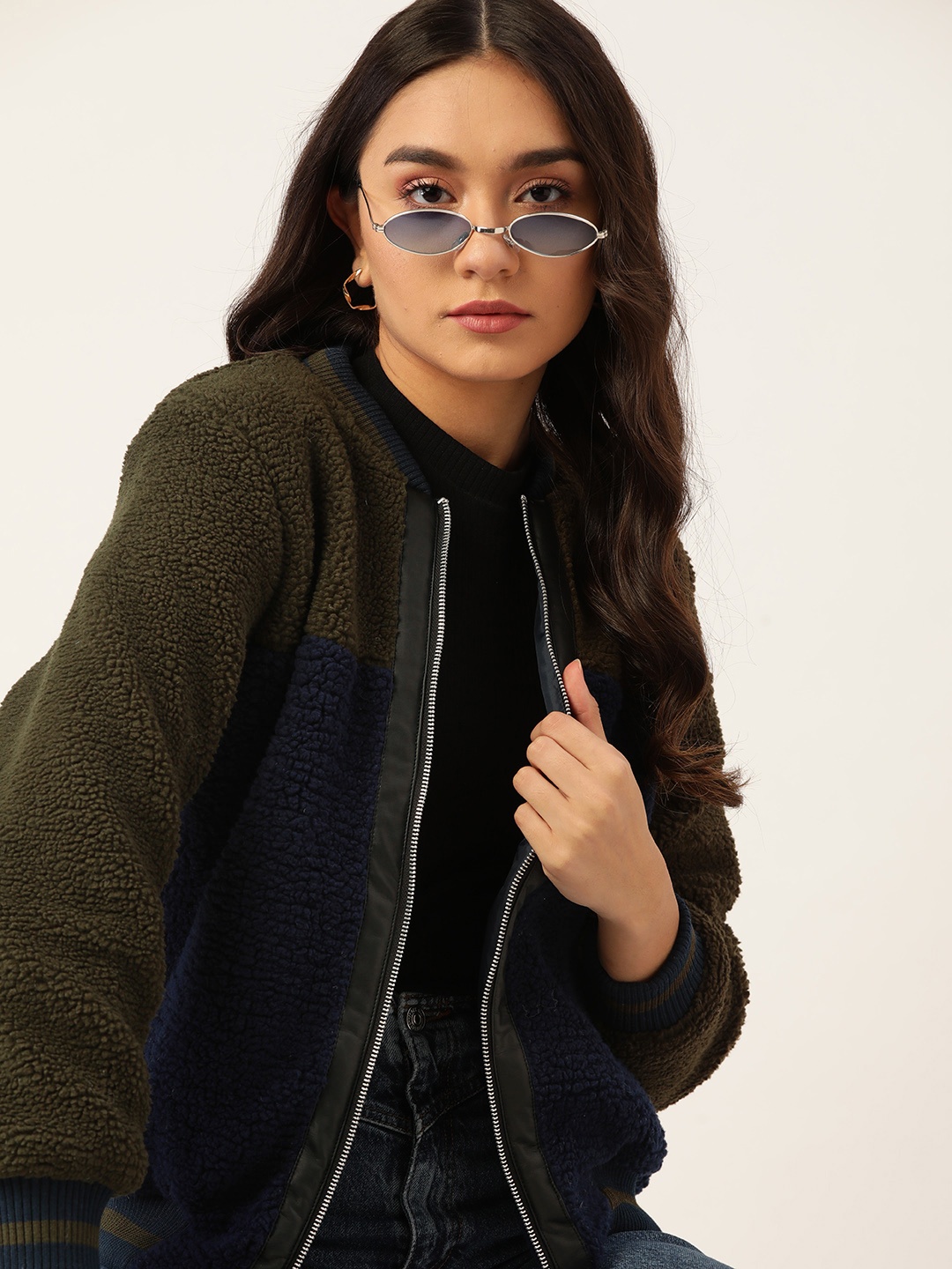 

DressBerry Women Navy Blue & Olive Green Colourblocked Bomber Jacket
