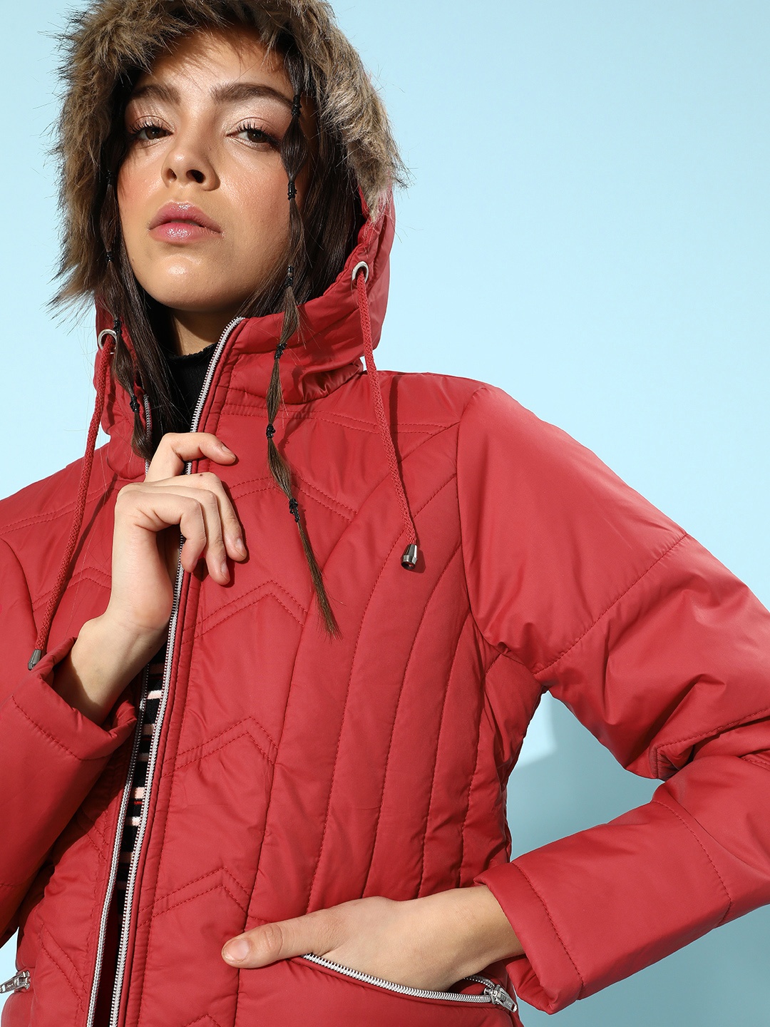 

DressBerry Women Red Solid Parka Jacket