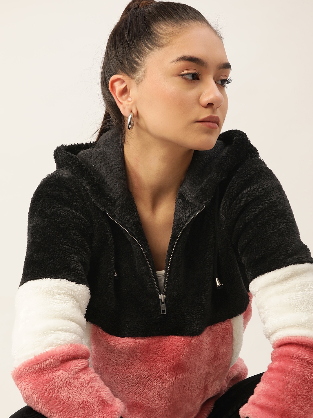 

DressBerry Women Pink & Black Colourblocked Hooded Sherpa Jacket