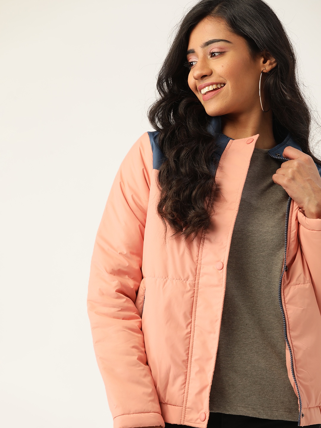 

DressBerry Women Peach-Coloured Blue Padded Hooded Jacket