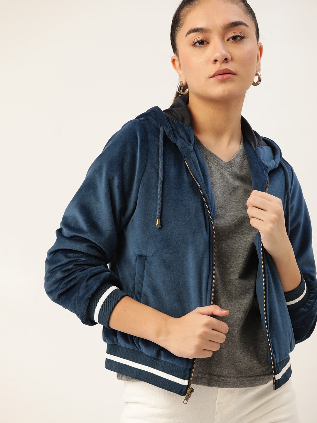 

DressBerry Women Navy Blue Velvet Finish Hooded Bomber Jacket