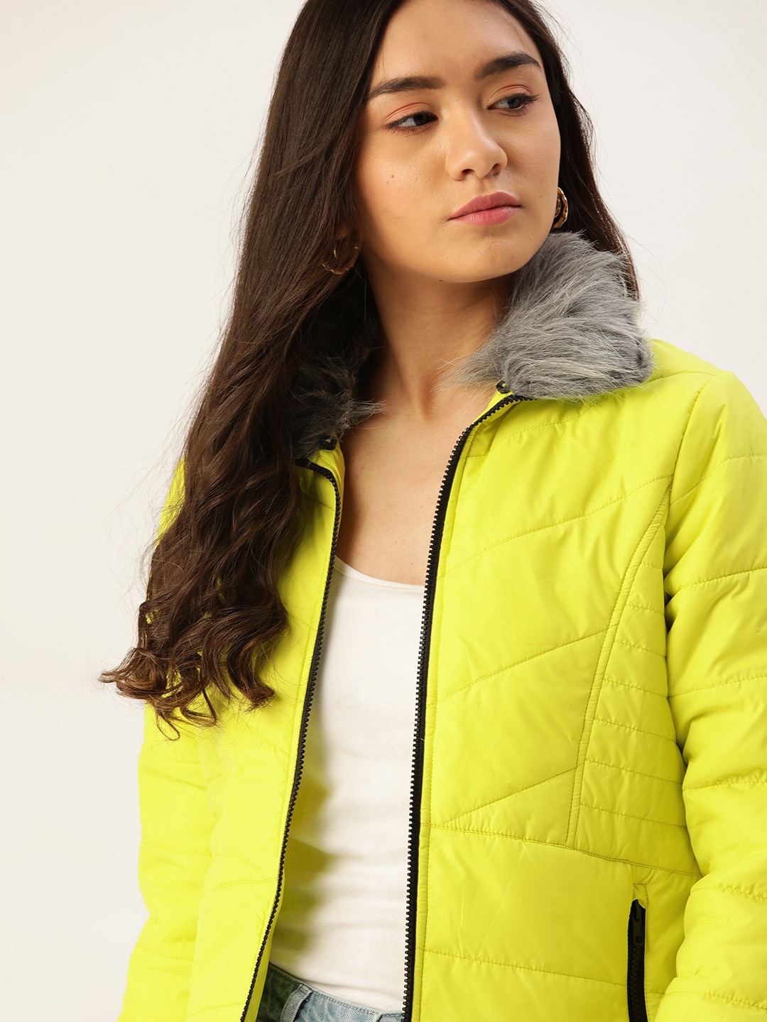 

DressBerry Women Lemon Yellow Solid Padded Jacket with Detachable Faux Fur Collar