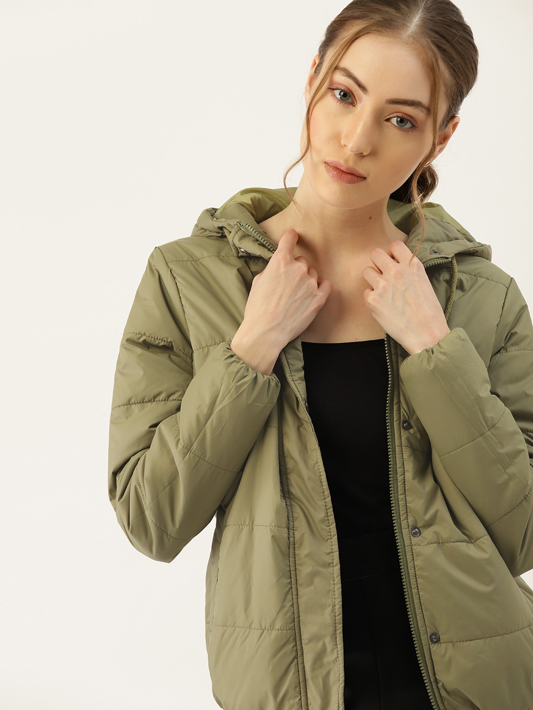 

DressBerry Women Olive Green Solid Hooded Padded Jacket