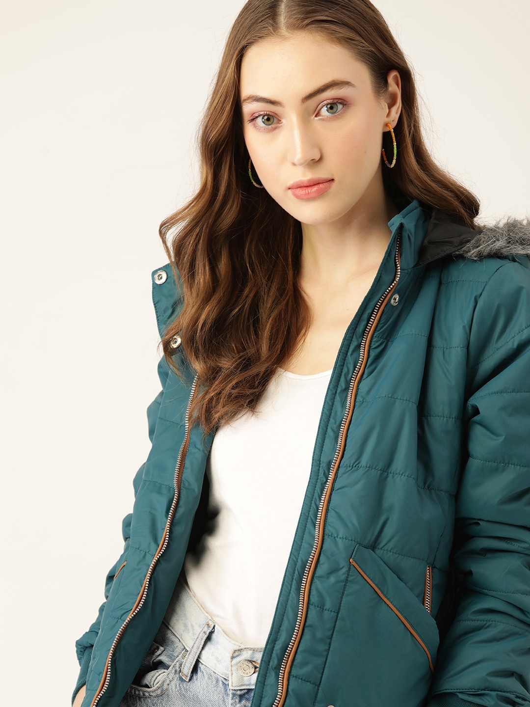 

DressBerry Women Teal Green Hooded Parka Jacket