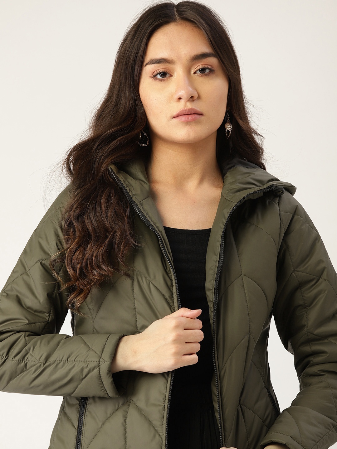 

DressBerry Women Olive Green Solid Hooded Padded Jacket