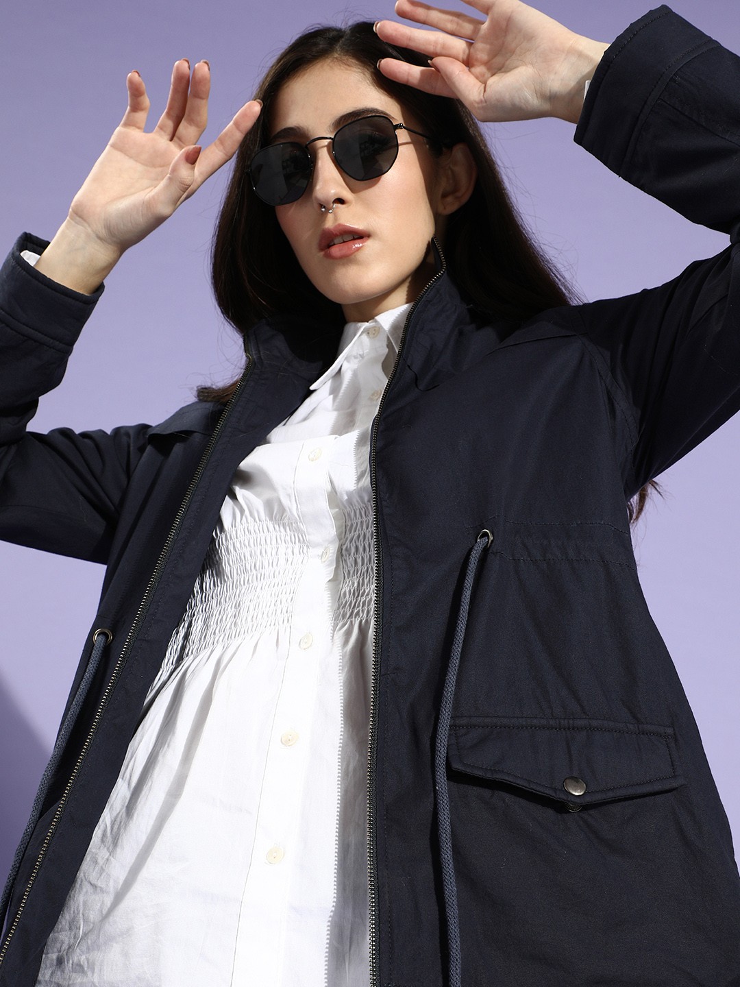 

DressBerry Women Navy Blue Longline Faux Fur Trim Parka Jacket