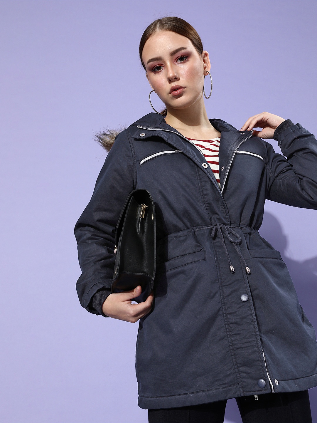 

DressBerry Women Navy Blue Solid Longline Parka Hooded Jacket