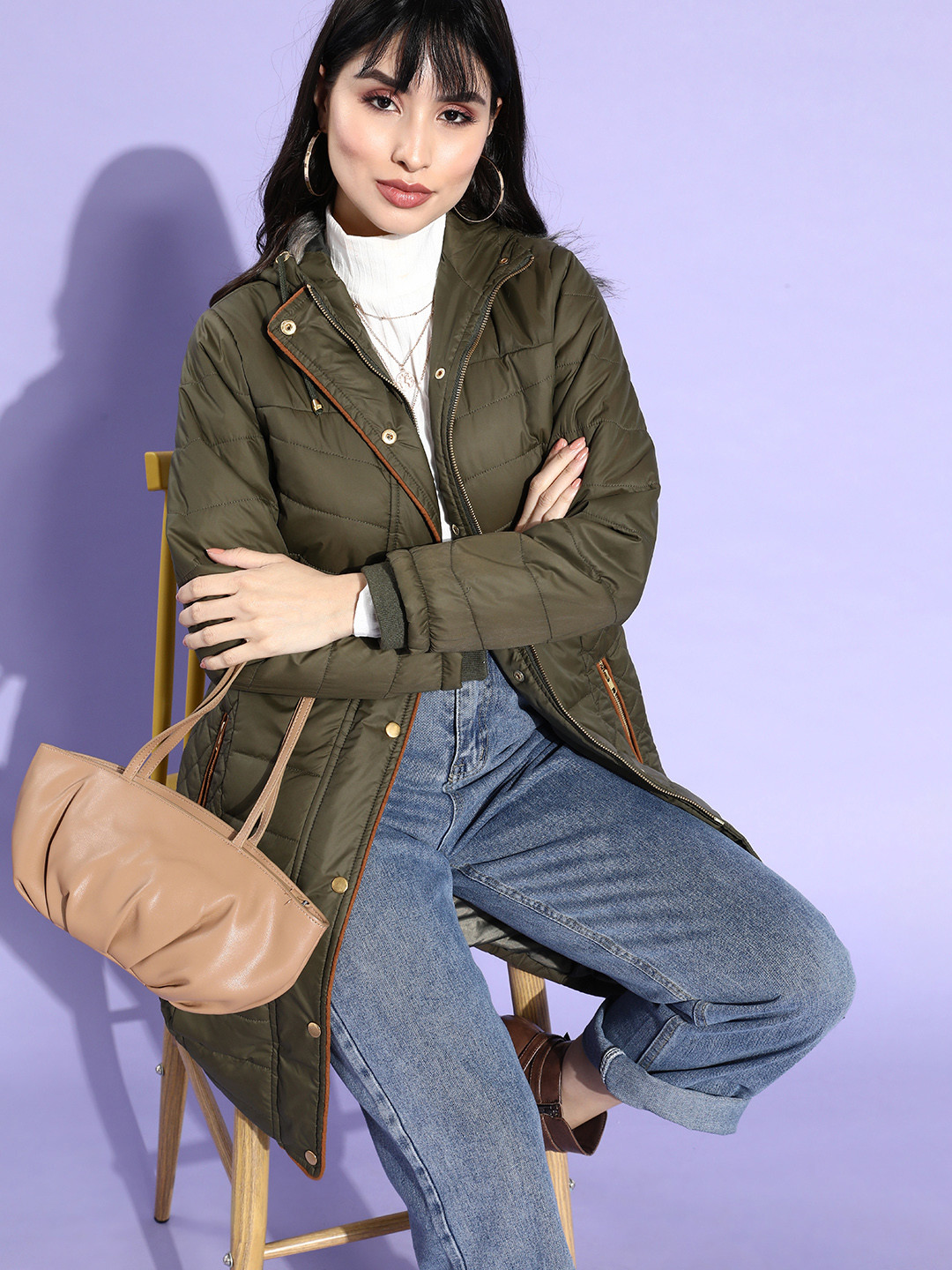 

DressBerry Women Olive Green Solid Faux Fur Trim Hooded Parka Jacket