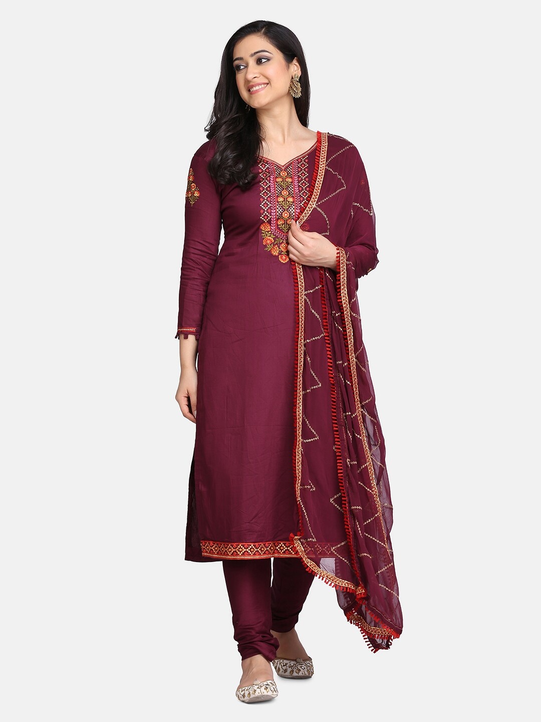 

Shaily Burgundy & Orange Pure Cotton Embroidered Unstitched Dress Material
