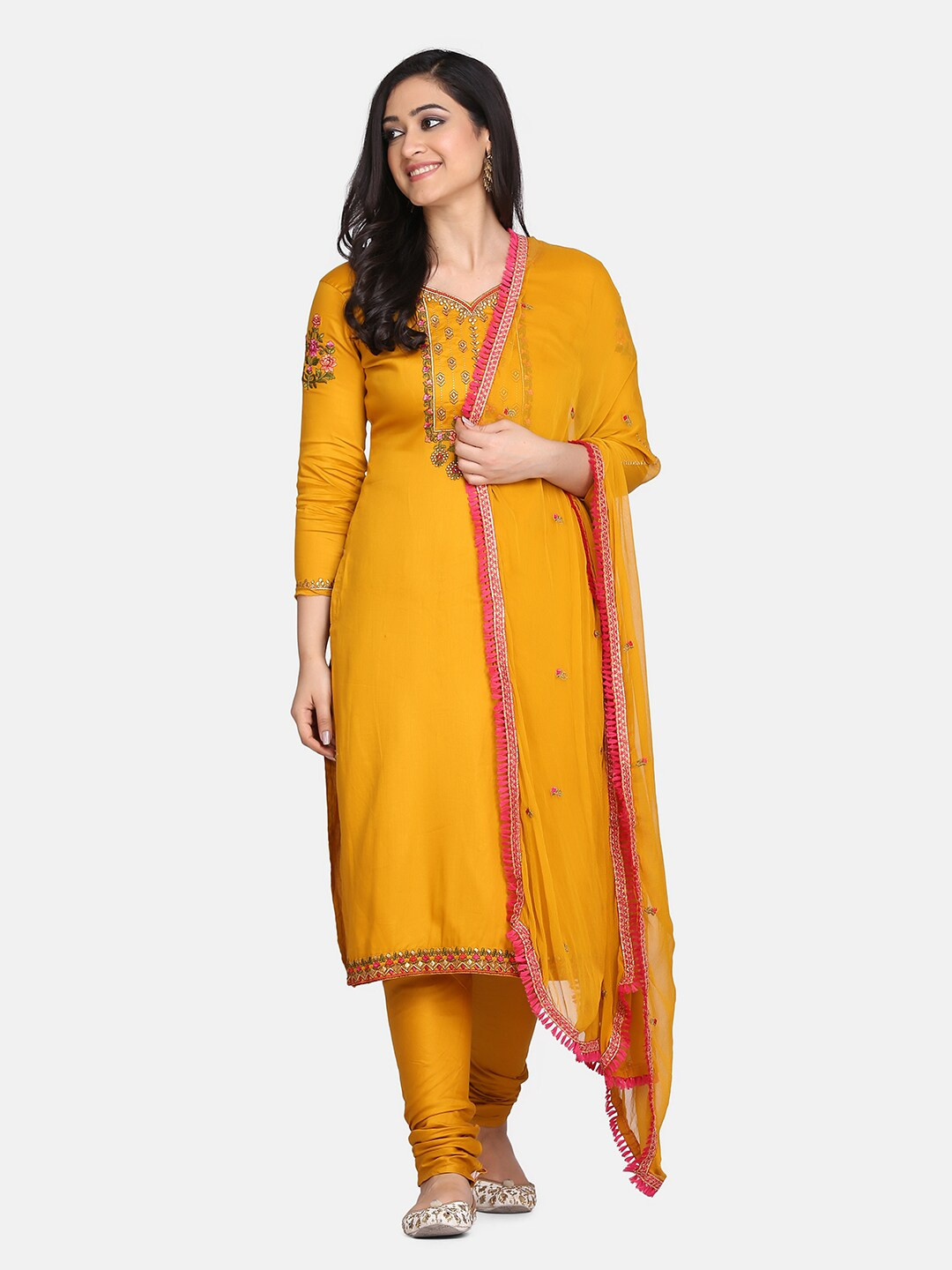 

Shaily Mustard Yellow & Pink Pure Cotton Unstitched Dress Material