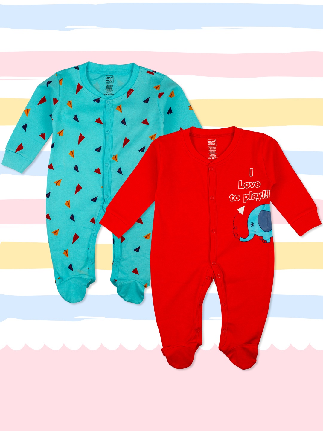 

MeeMee Infant Boys Pack of 2 Printed Rompers, Turquoise blue