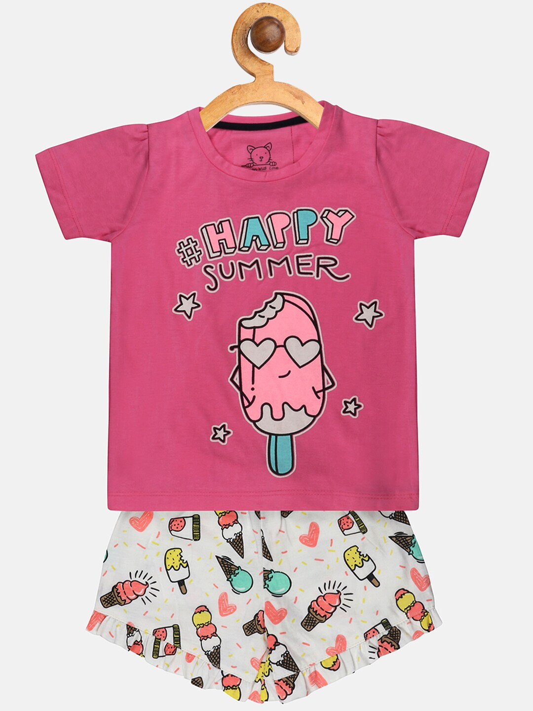

Lazy Shark Girls Magenta & White Printed T-shirt with Shorts