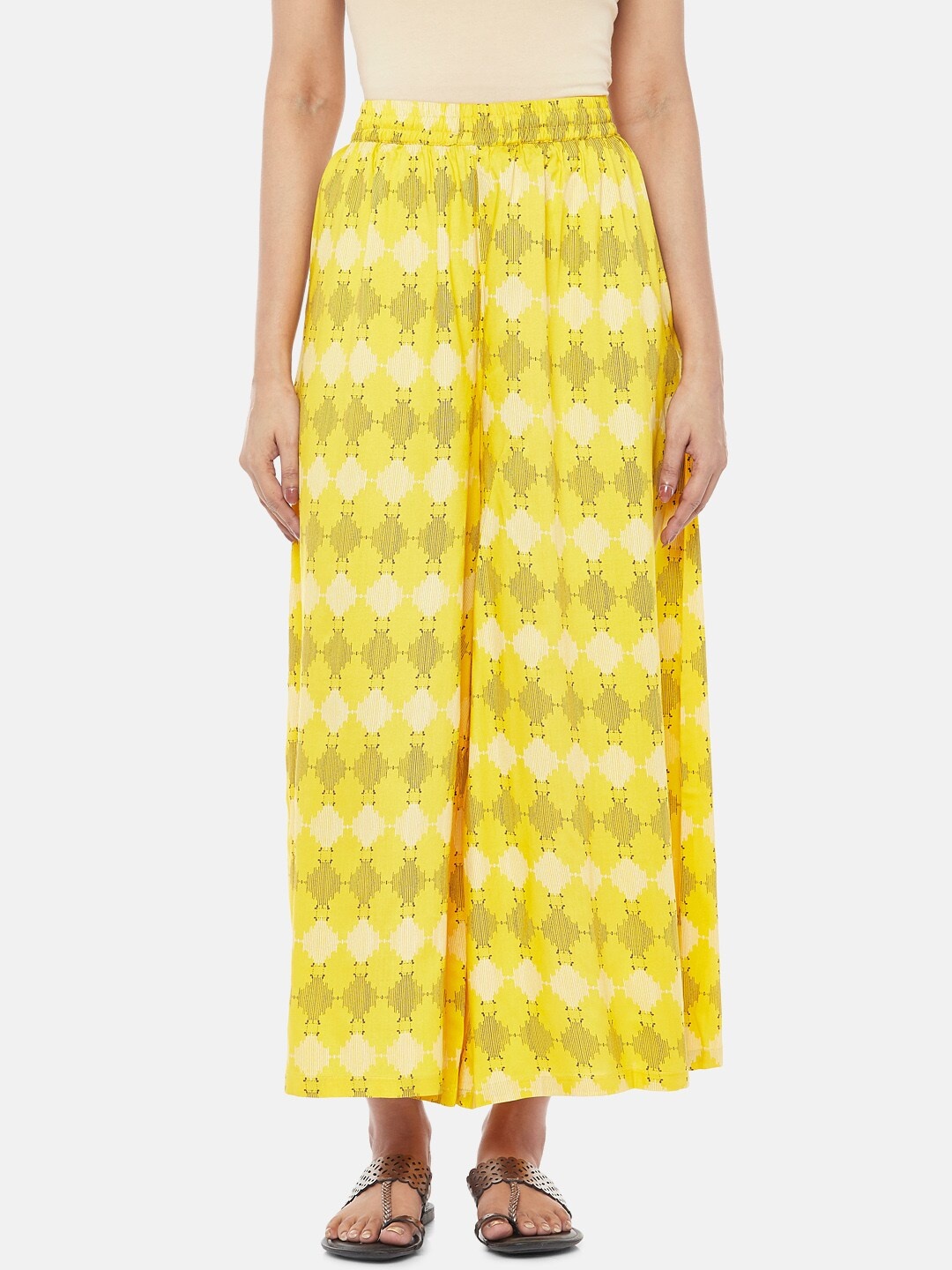

RANGMANCH BY PANTALOONS Women Yellow & White Printed Wide Leg Palazzos