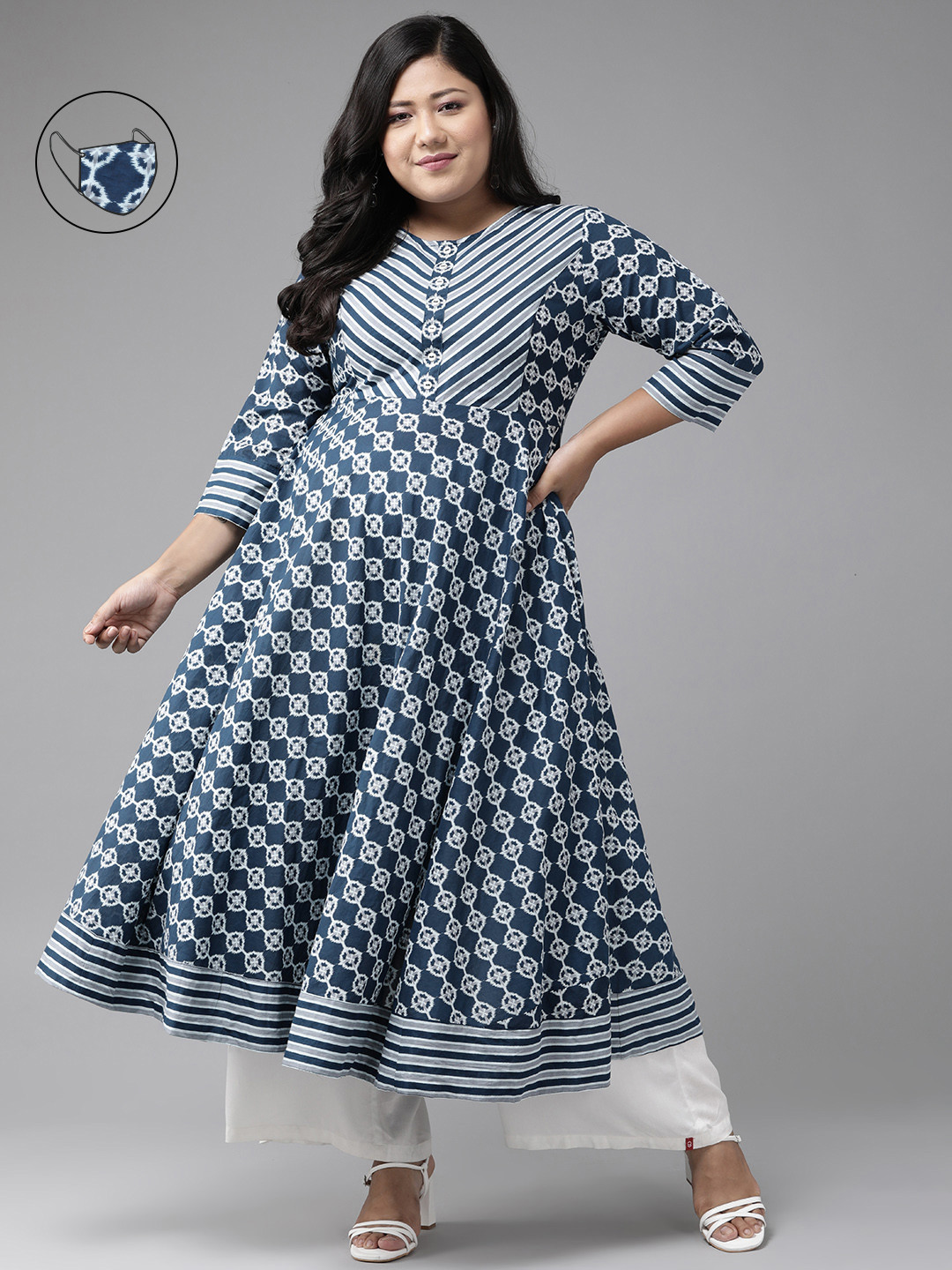 

YASH GALLERY Plus Size Women Navy Blue & Grey Ethnic Motifs Printed A-Line Kurta