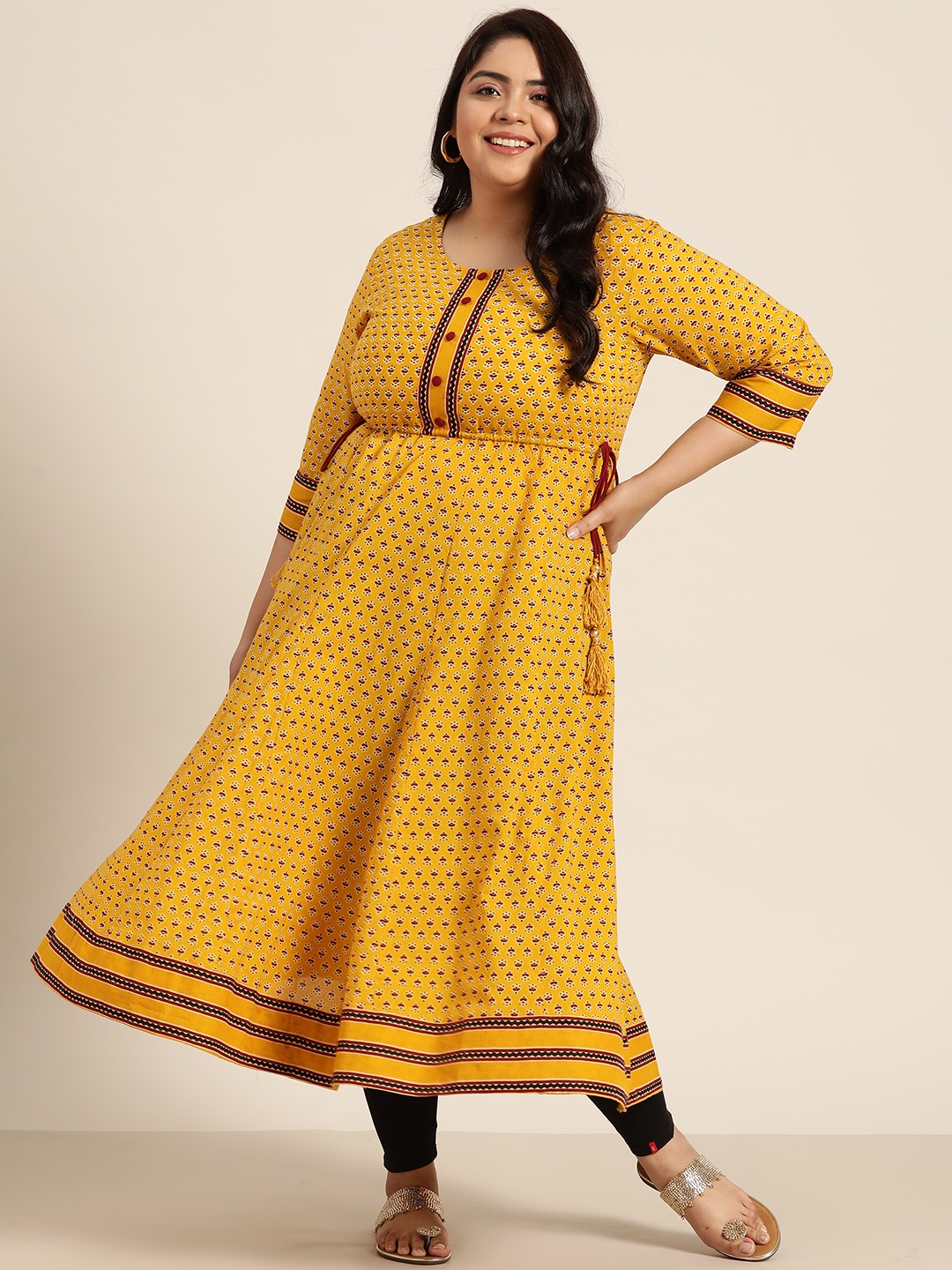 

YASH GALLERY Women Plus Size Mustard Yellow & Maroon Motifs Print Panelled Anarkali Kurta